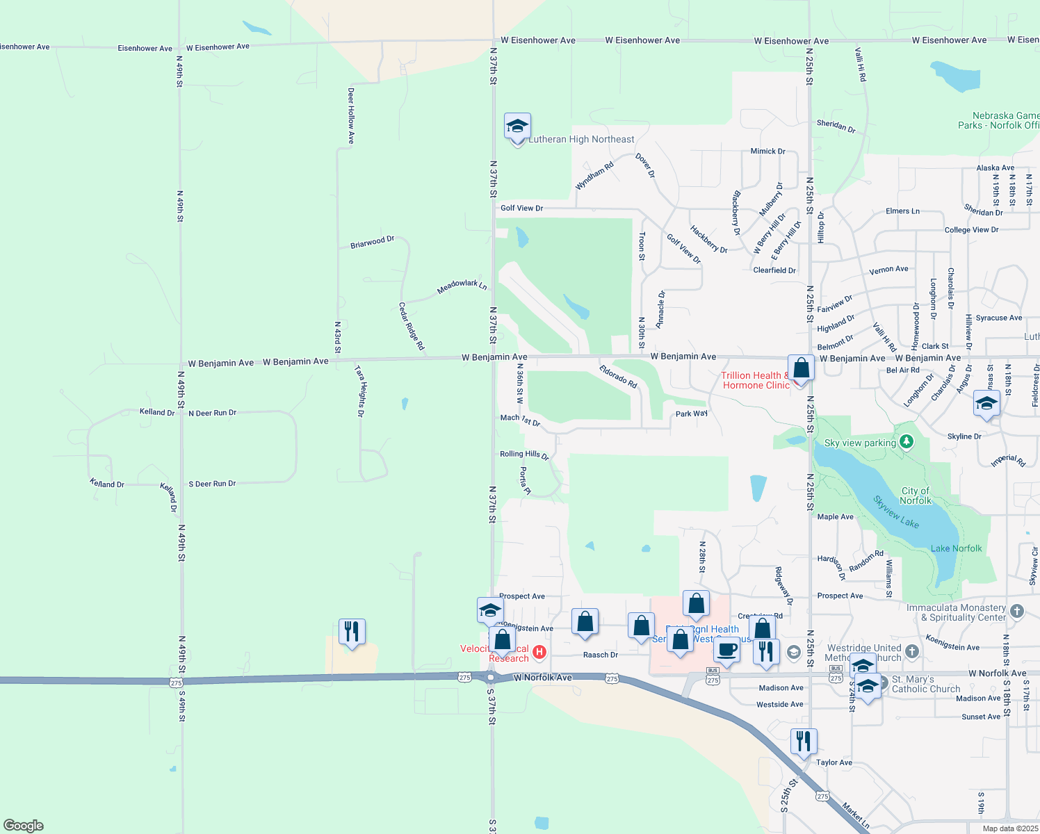 map of restaurants, bars, coffee shops, grocery stores, and more near 3502 Mach 1 Dr in Norfolk