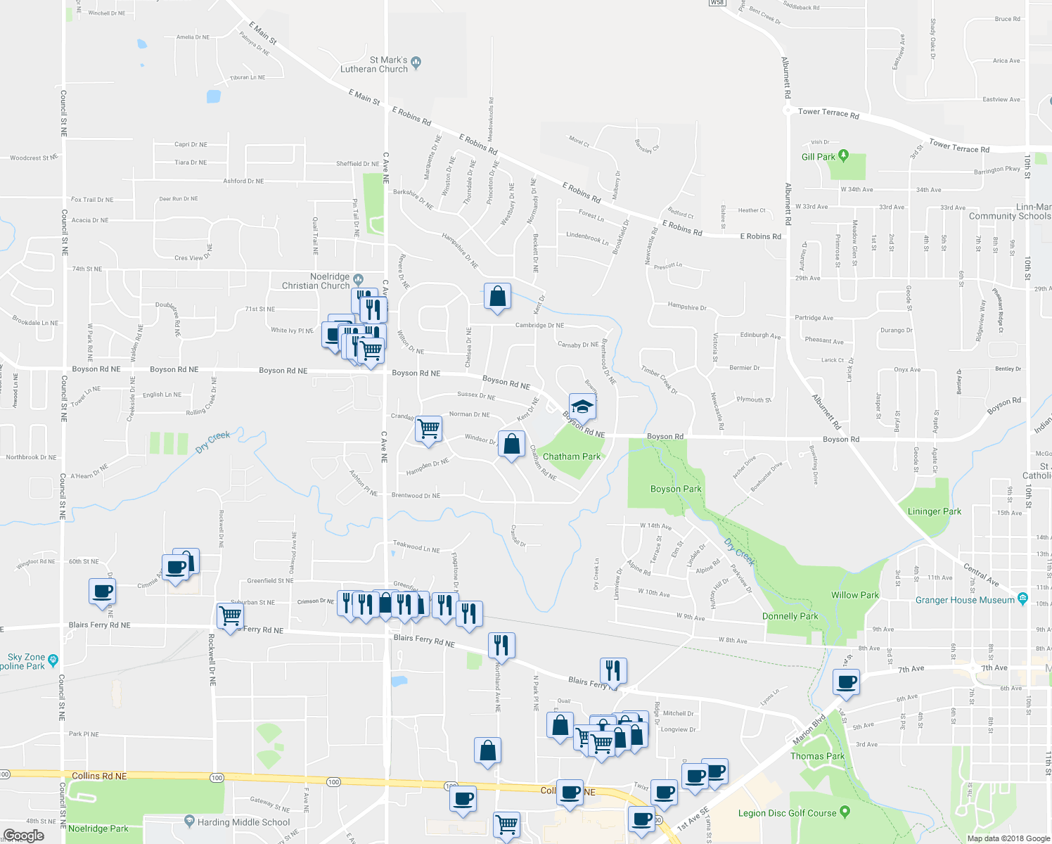 map of restaurants, bars, coffee shops, grocery stores, and more near 6706 Kent Drive Northeast in Cedar Rapids