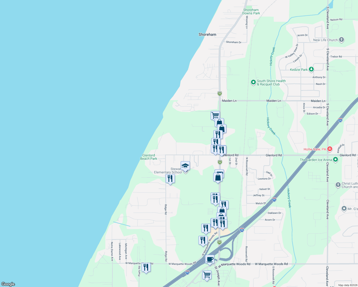 map of restaurants, bars, coffee shops, grocery stores, and more near 2800 Edgewood Path in St. Joseph