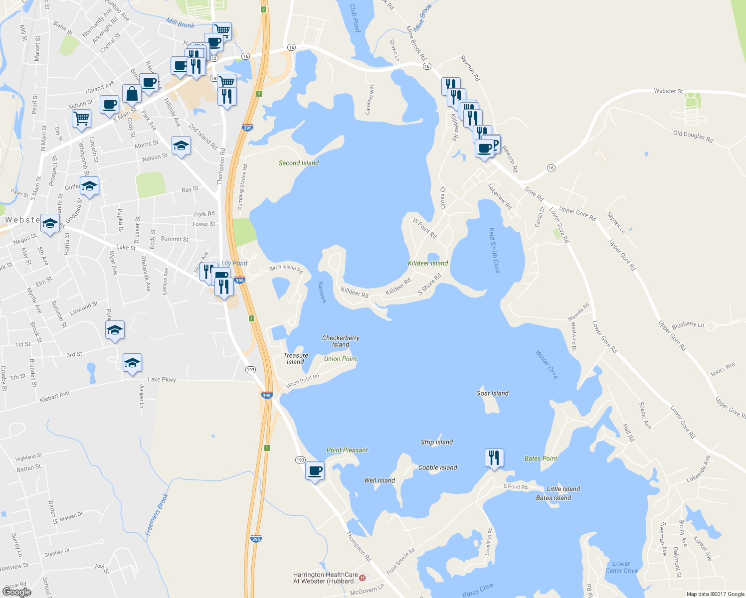 map of restaurants, bars, coffee shops, grocery stores, and more near 225 Killdeer Road in Webster