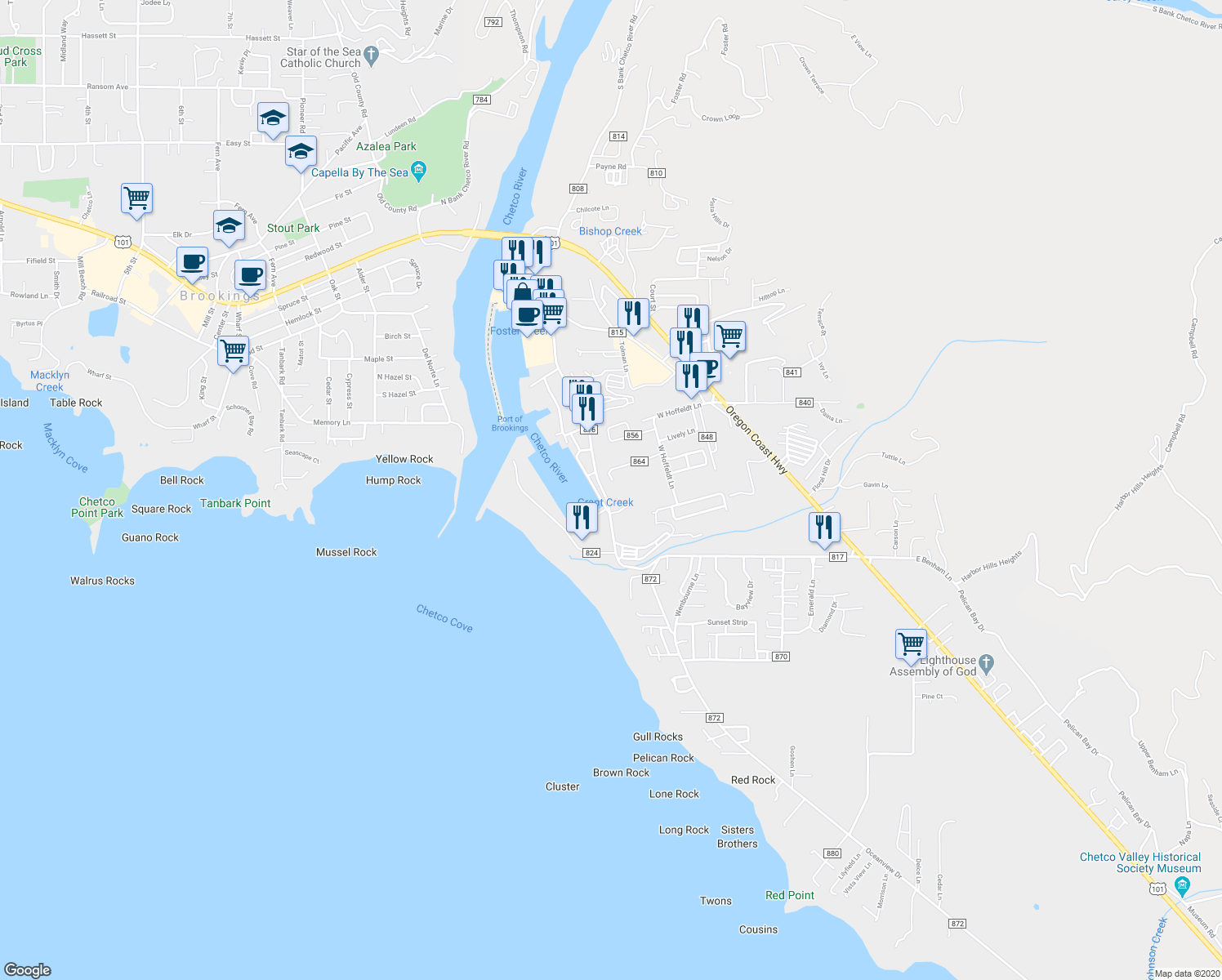 map of restaurants, bars, coffee shops, grocery stores, and more near 16123 Lower Harbor Road in Brookings