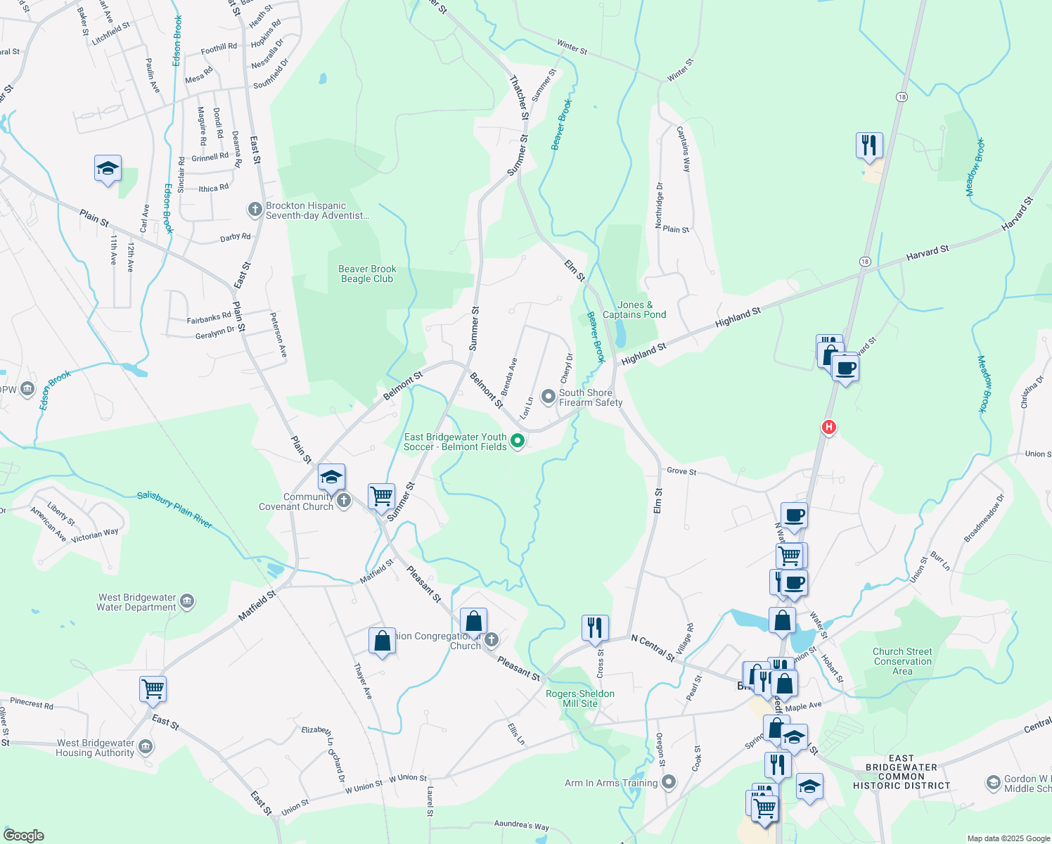 map of restaurants, bars, coffee shops, grocery stores, and more near 424 Belmont St in East Bridgewater