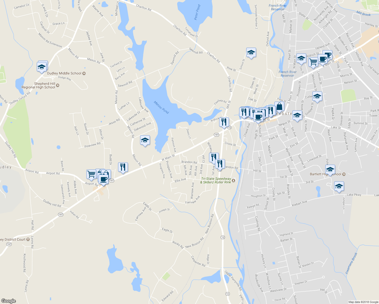 map of restaurants, bars, coffee shops, grocery stores, and more near 77 West Main Street in Dudley