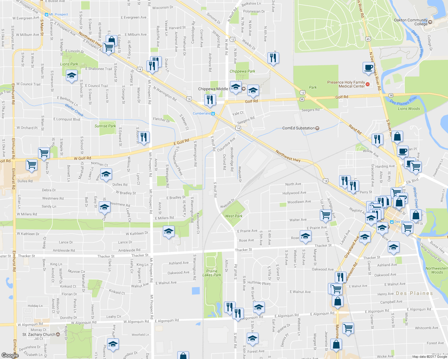 map of restaurants, bars, coffee shops, grocery stores, and more near 529 East Washington Street in Des Plaines