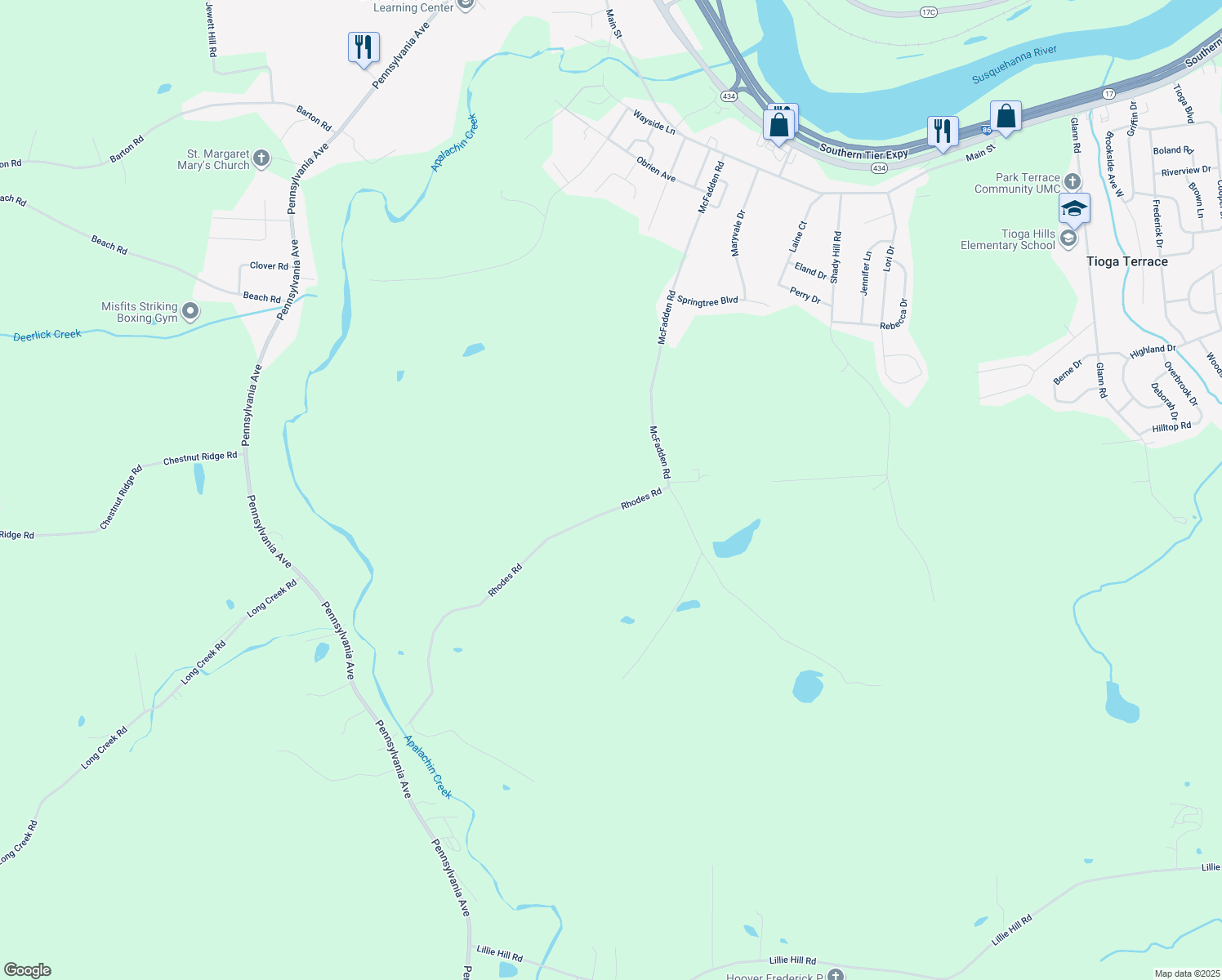 map of restaurants, bars, coffee shops, grocery stores, and more near 951 Rhodes Rd in Apalachin
