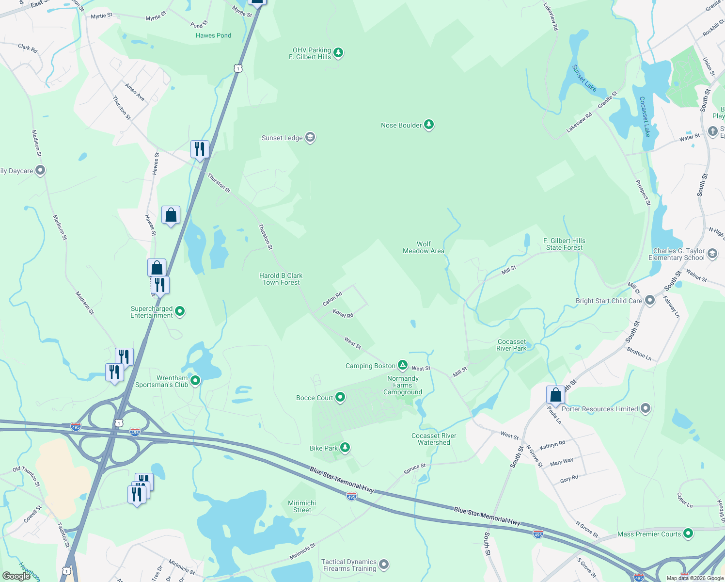 map of restaurants, bars, coffee shops, grocery stores, and more near 4 Sheehan Way in Foxborough