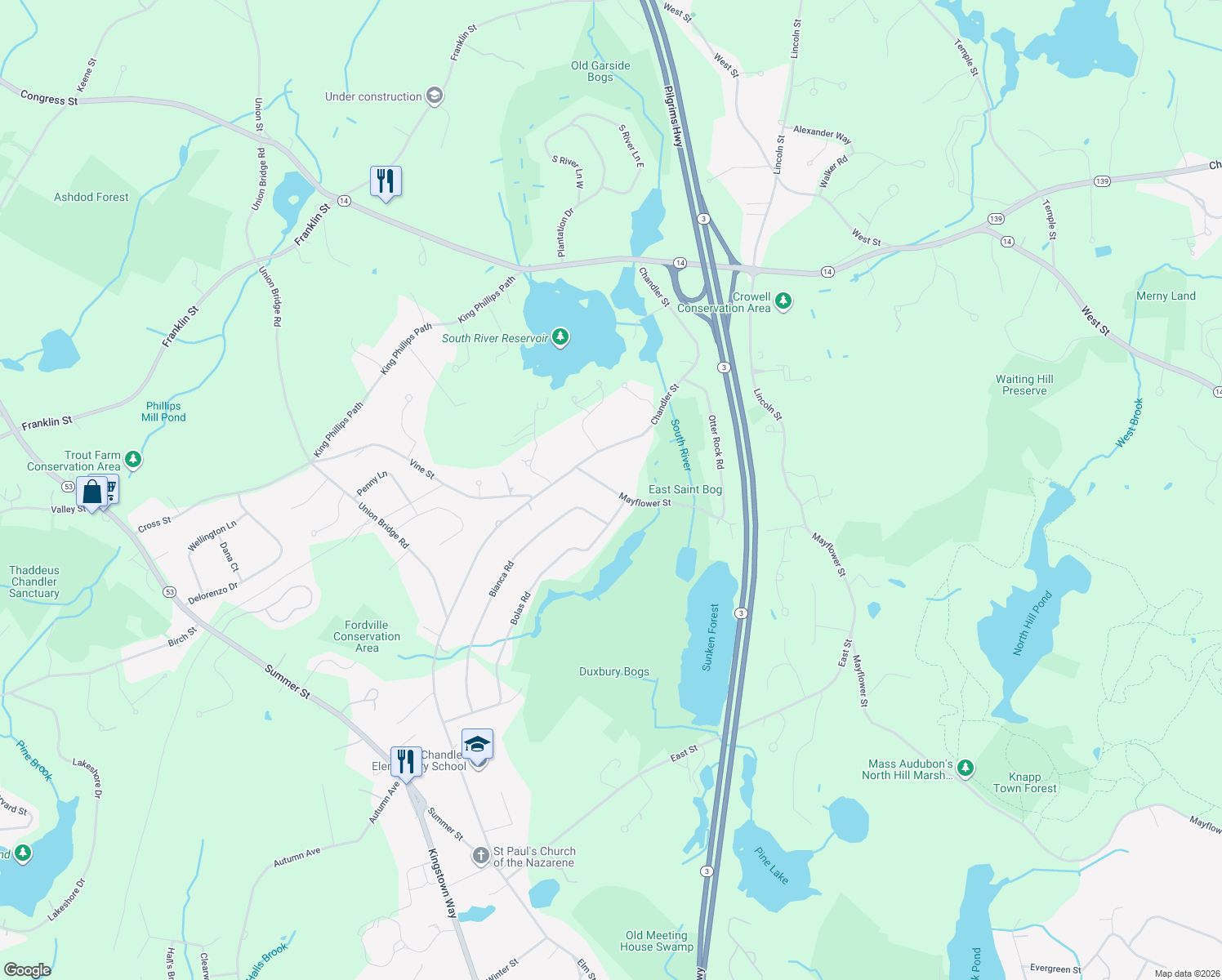 map of restaurants, bars, coffee shops, grocery stores, and more near 933 Mayflower Street in Duxbury