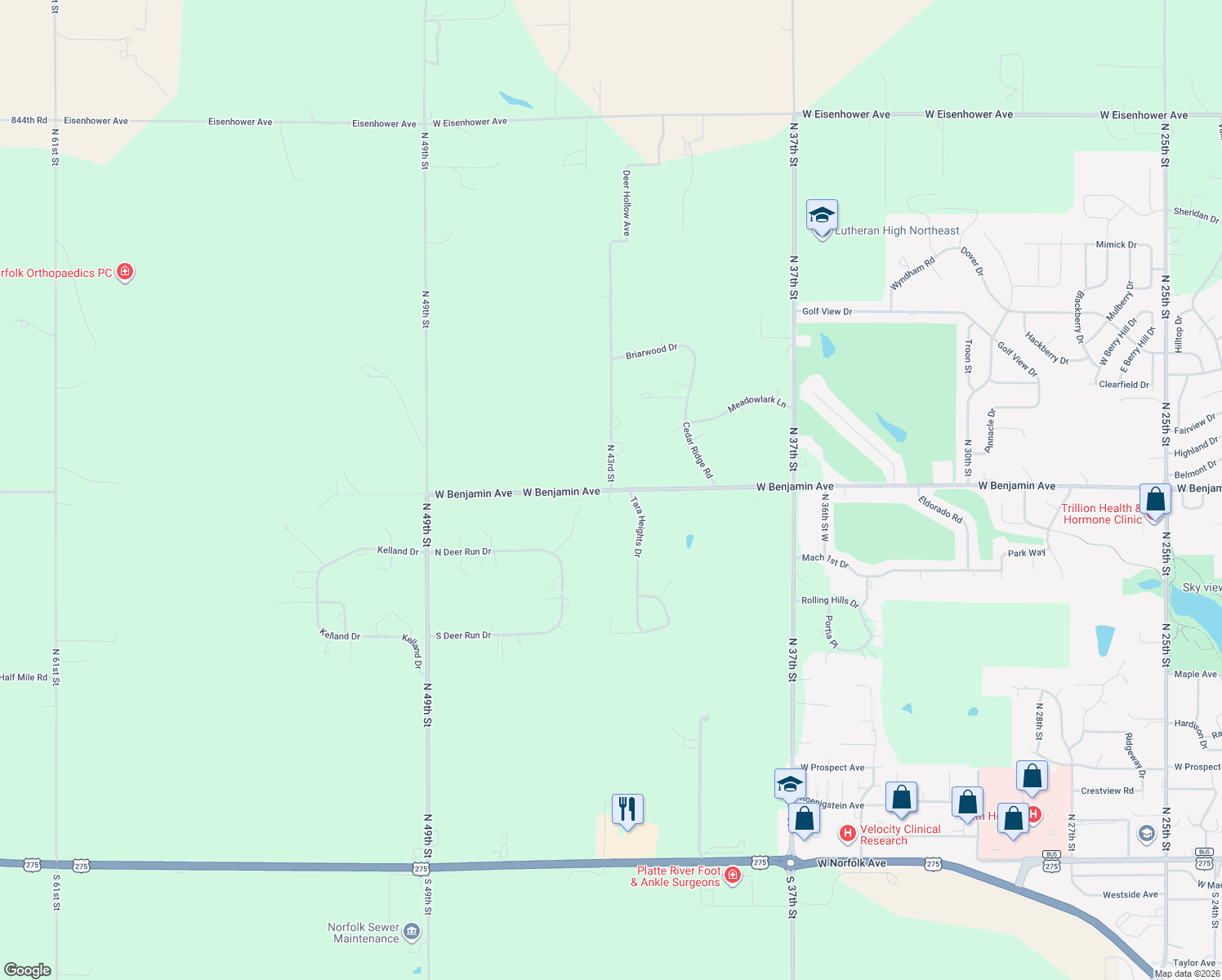 map of restaurants, bars, coffee shops, grocery stores, and more near 1300 North 43rd Street in Norfolk
