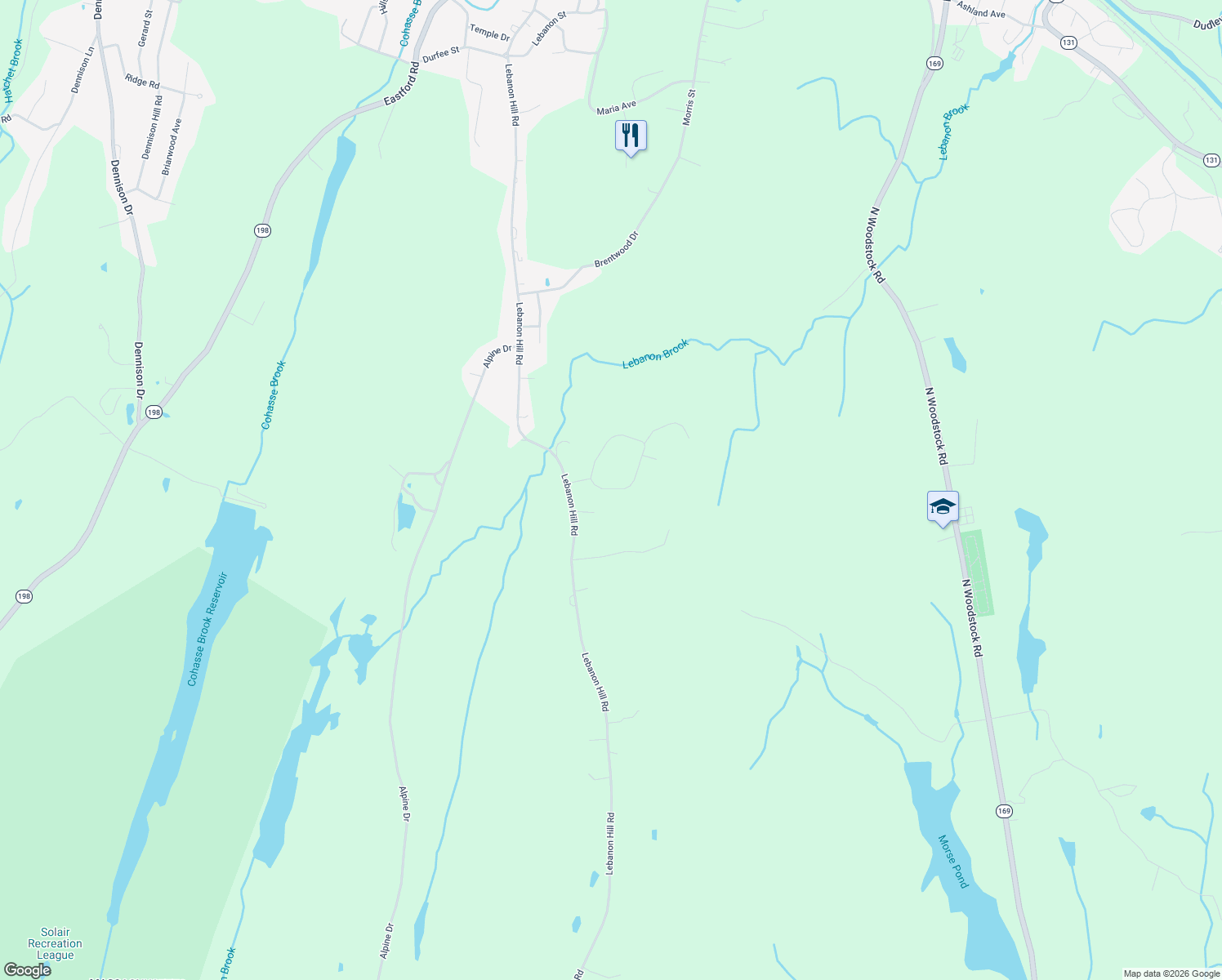 map of restaurants, bars, coffee shops, grocery stores, and more near 25 Surrey Lane in Southbridge