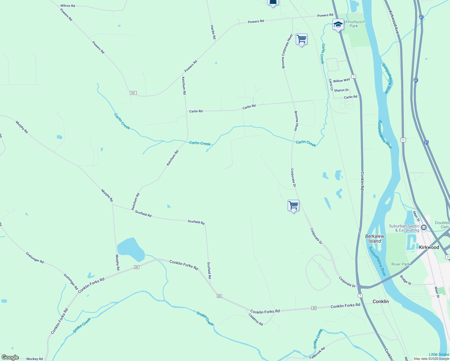 map of restaurants, bars, coffee shops, grocery stores, and more near 56 Amber Hill Road in Conklin