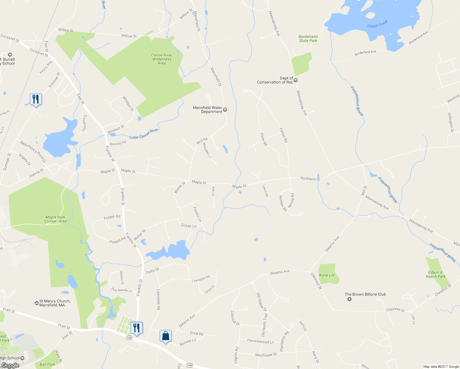 map of restaurants, bars, coffee shops, grocery stores, and more near 890 Maple Street in Mansfield