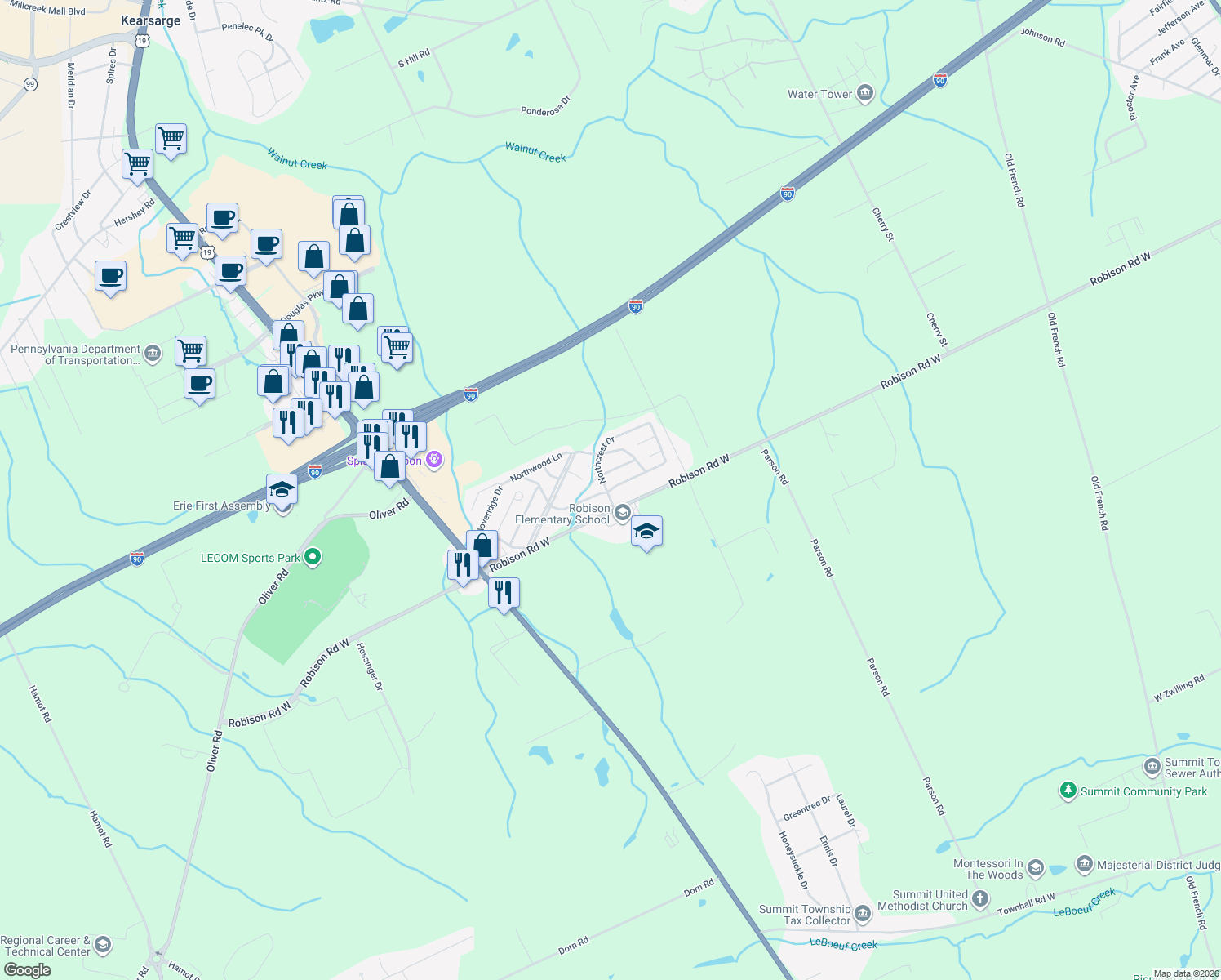 map of restaurants, bars, coffee shops, grocery stores, and more near Edgewood Drive in Erie