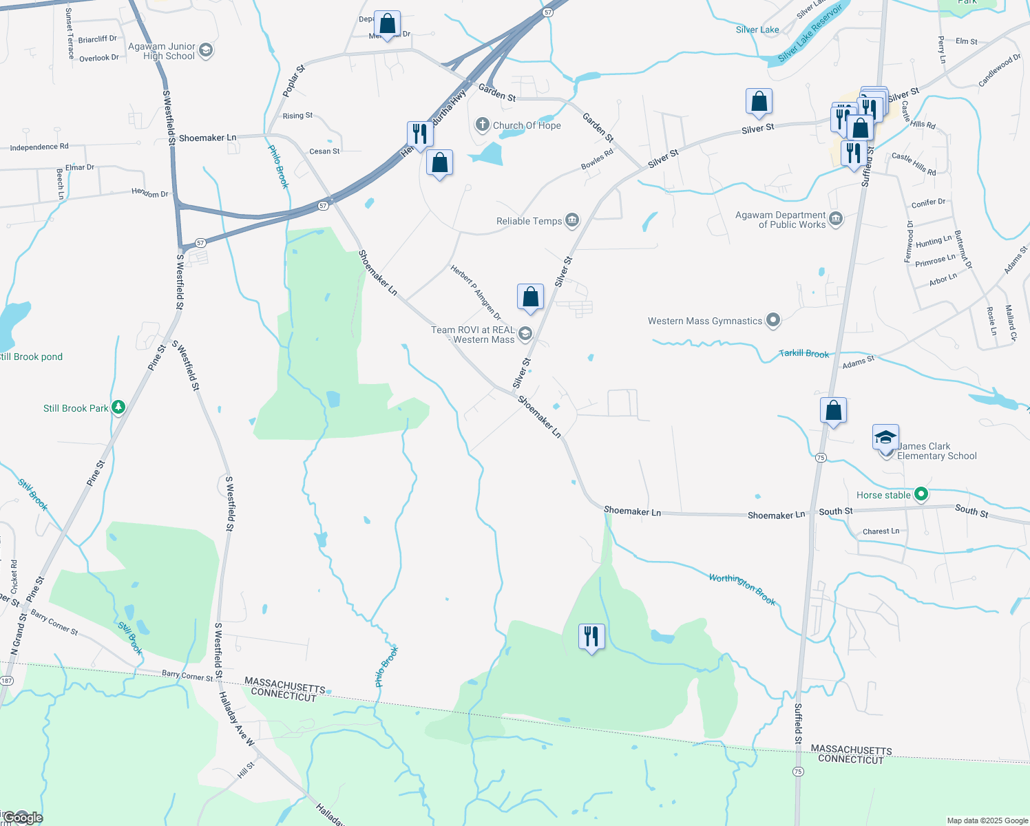 map of restaurants, bars, coffee shops, grocery stores, and more near 12 Losito Lane in Agawam