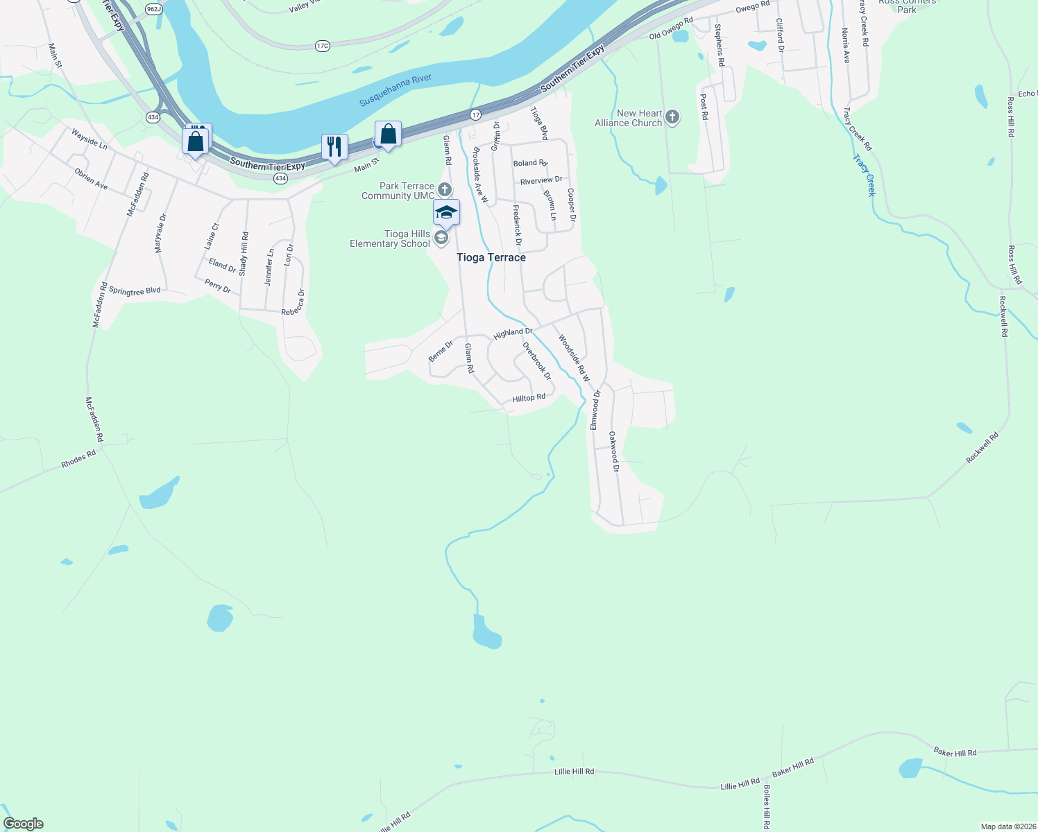 map of restaurants, bars, coffee shops, grocery stores, and more near 119-121 Glann Rd in Apalachin