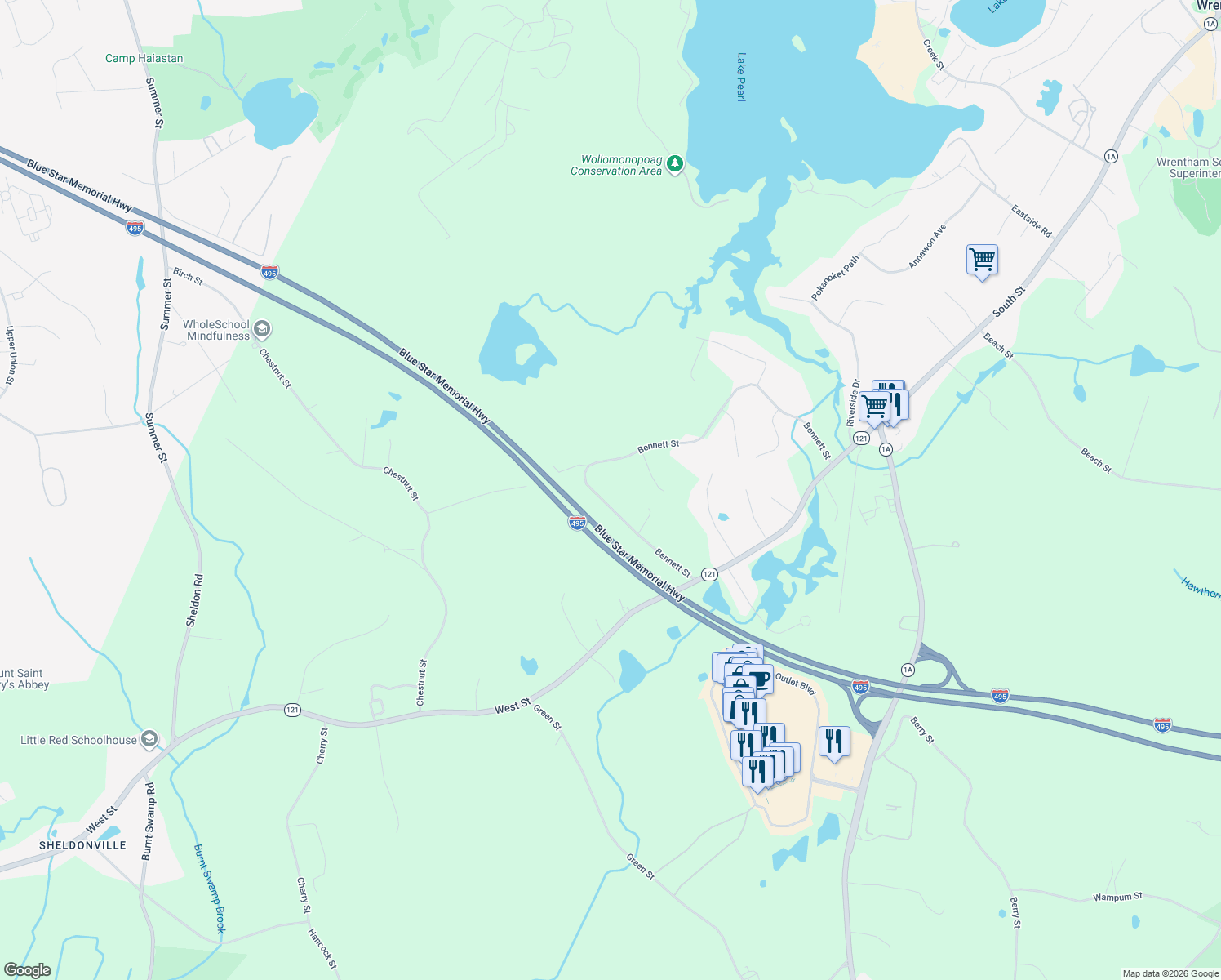 map of restaurants, bars, coffee shops, grocery stores, and more near 325 Bennett St in Wrentham