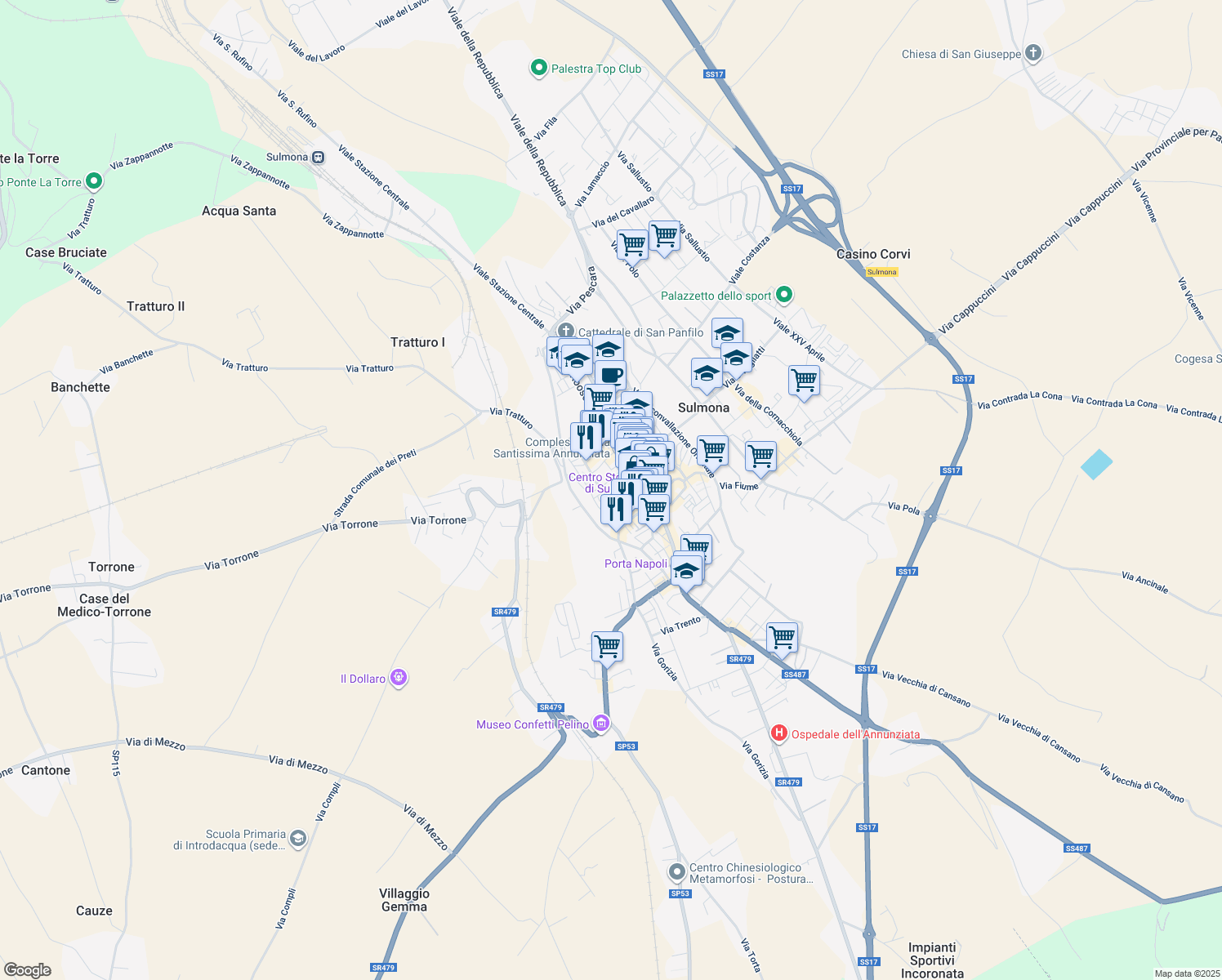 map of restaurants, bars, coffee shops, grocery stores, and more near 4 Vicolo Battista in Sulmona