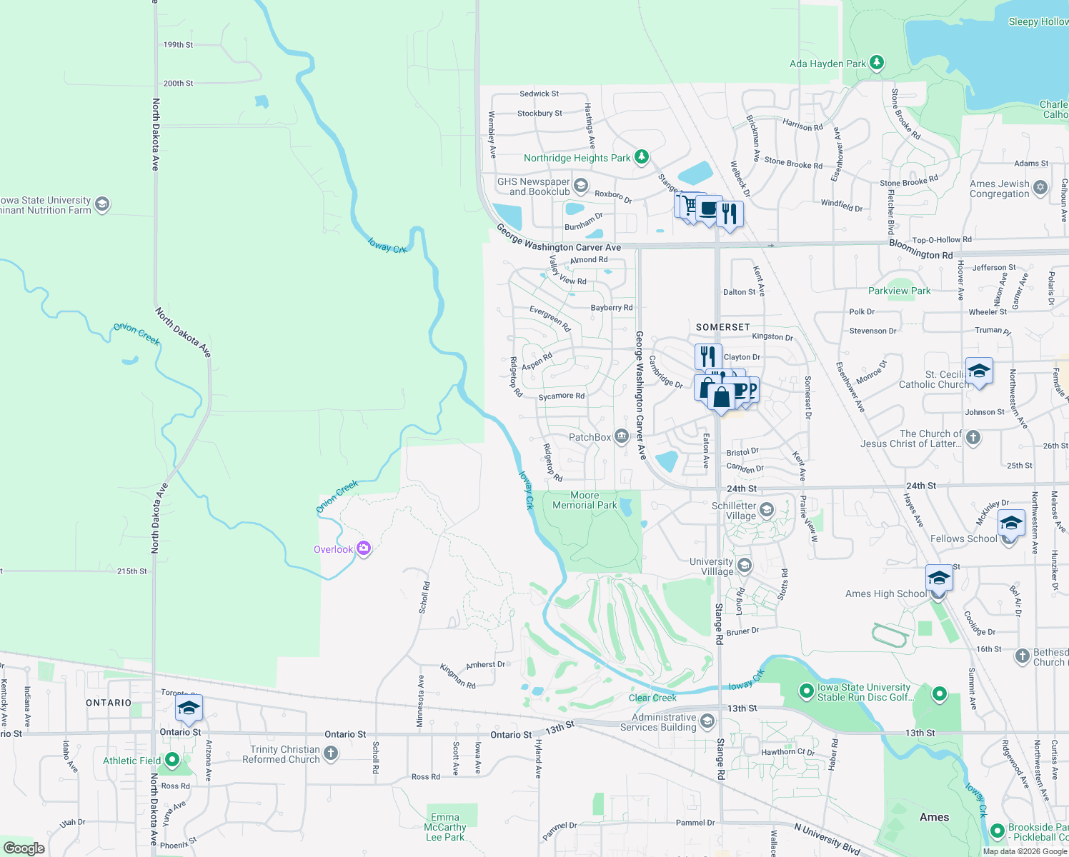 map of restaurants, bars, coffee shops, grocery stores, and more near 2705 Ridgetop Rd in Ames
