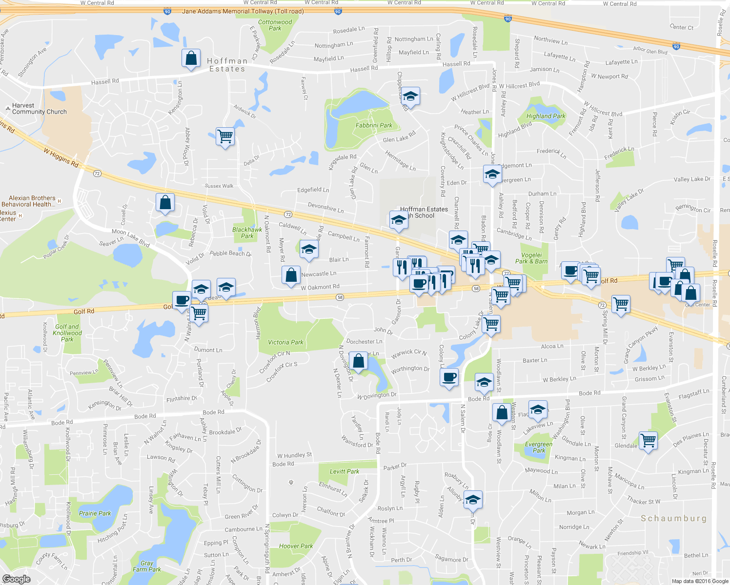 map of restaurants, bars, coffee shops, grocery stores, and more near 1149 West Golf Road in Hoffman Estates