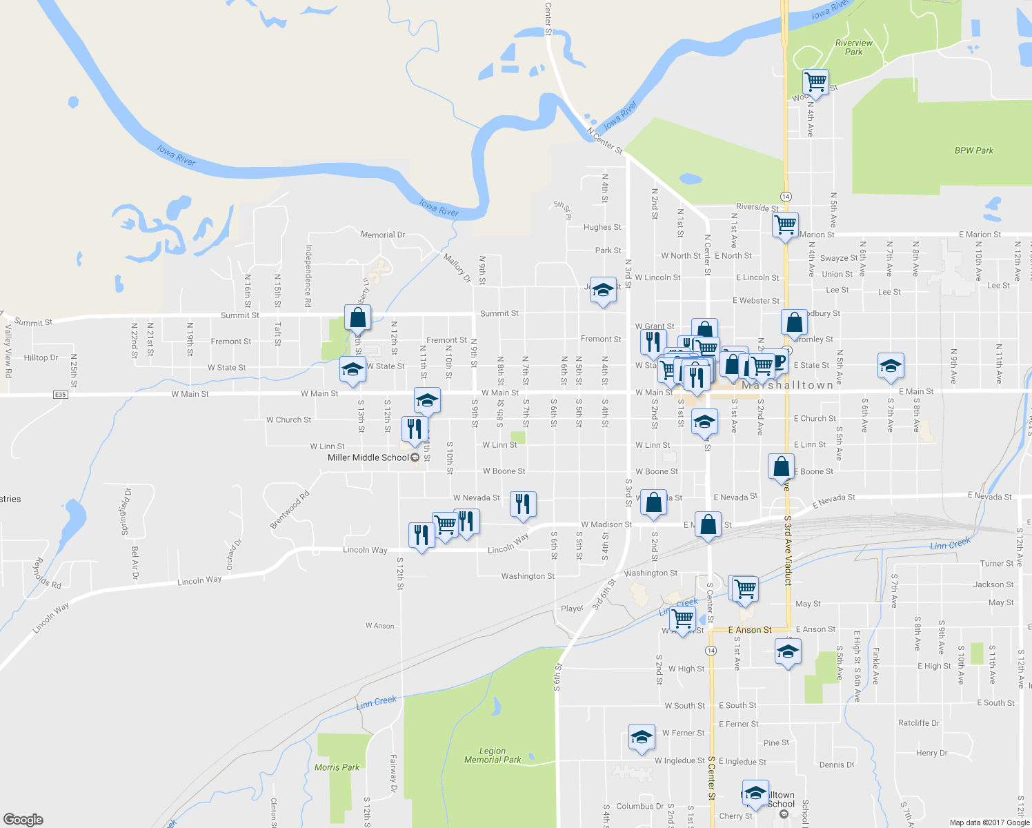 map of restaurants, bars, coffee shops, grocery stores, and more near 705 West Church Street in Marshalltown