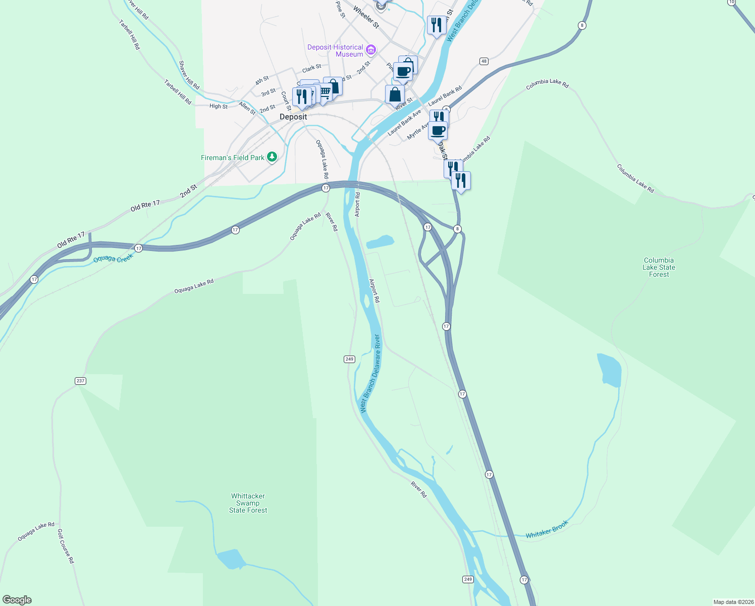 map of restaurants, bars, coffee shops, grocery stores, and more near 1428 Airport Rd in Deposit