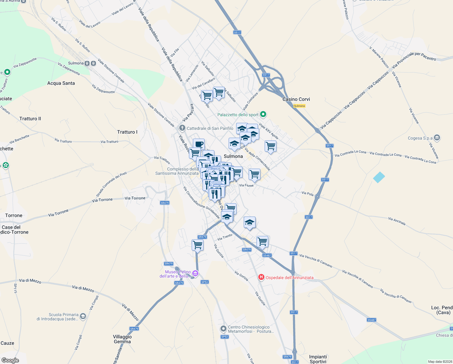 map of restaurants, bars, coffee shops, grocery stores, and more near 6 Via Federico II in Sulmona