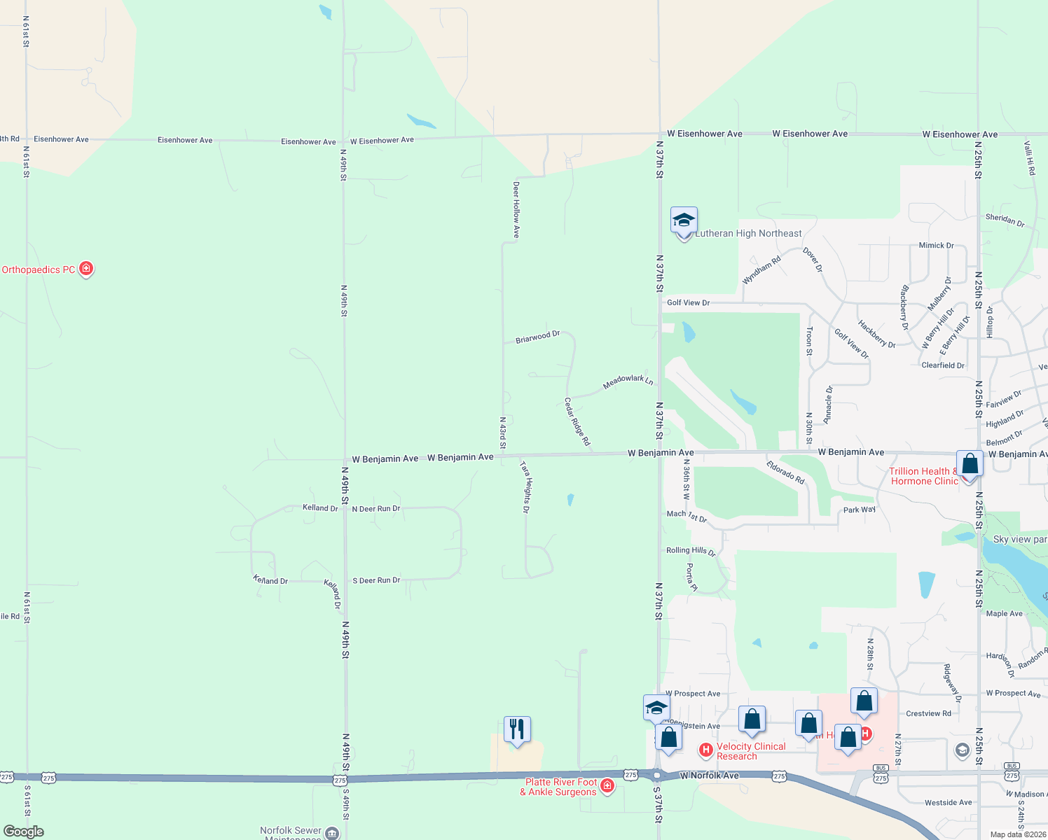 map of restaurants, bars, coffee shops, grocery stores, and more near 1300-1436 North 43rd Street in Norfolk