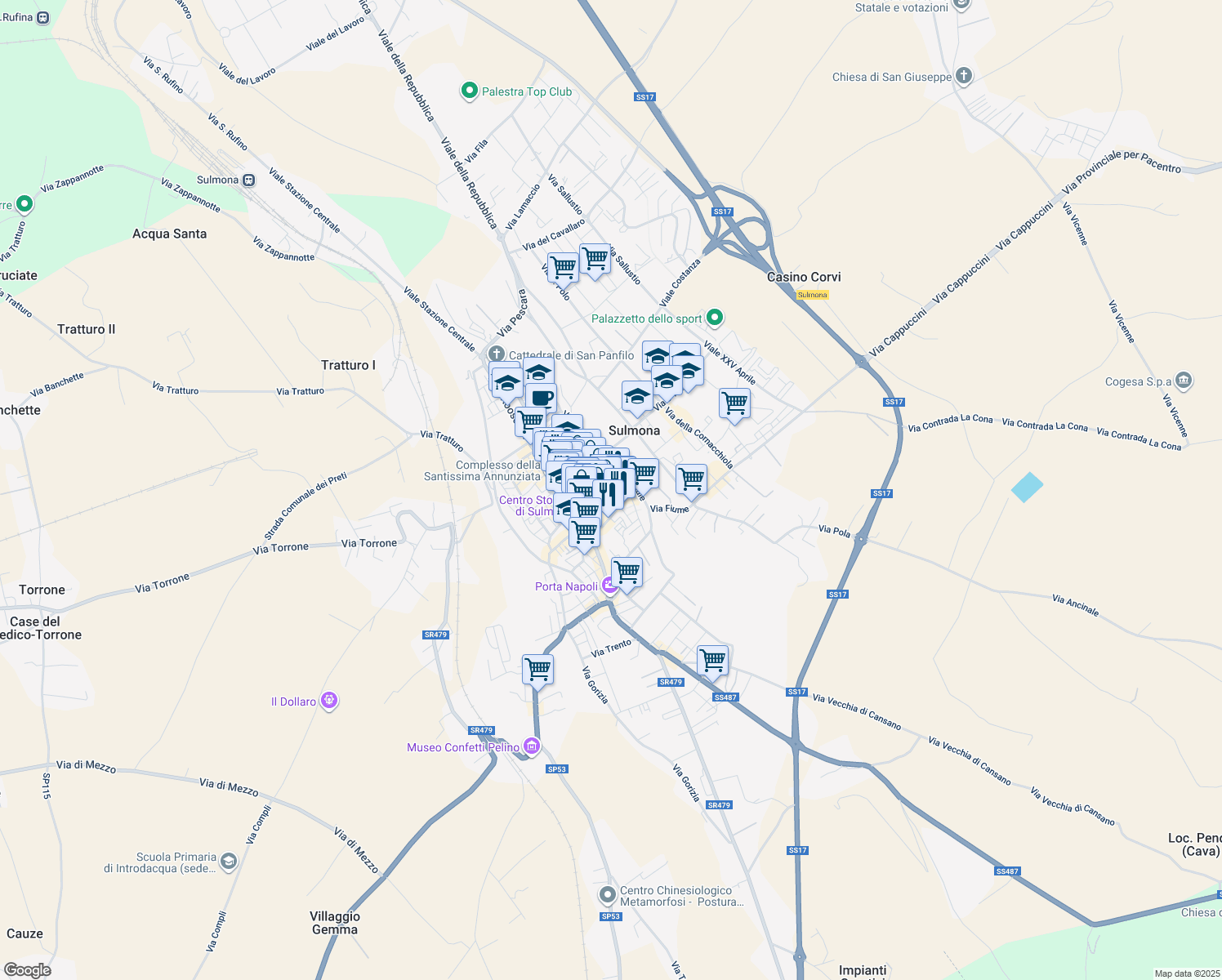 map of restaurants, bars, coffee shops, grocery stores, and more near 20 Largo Palizze in Sulmona