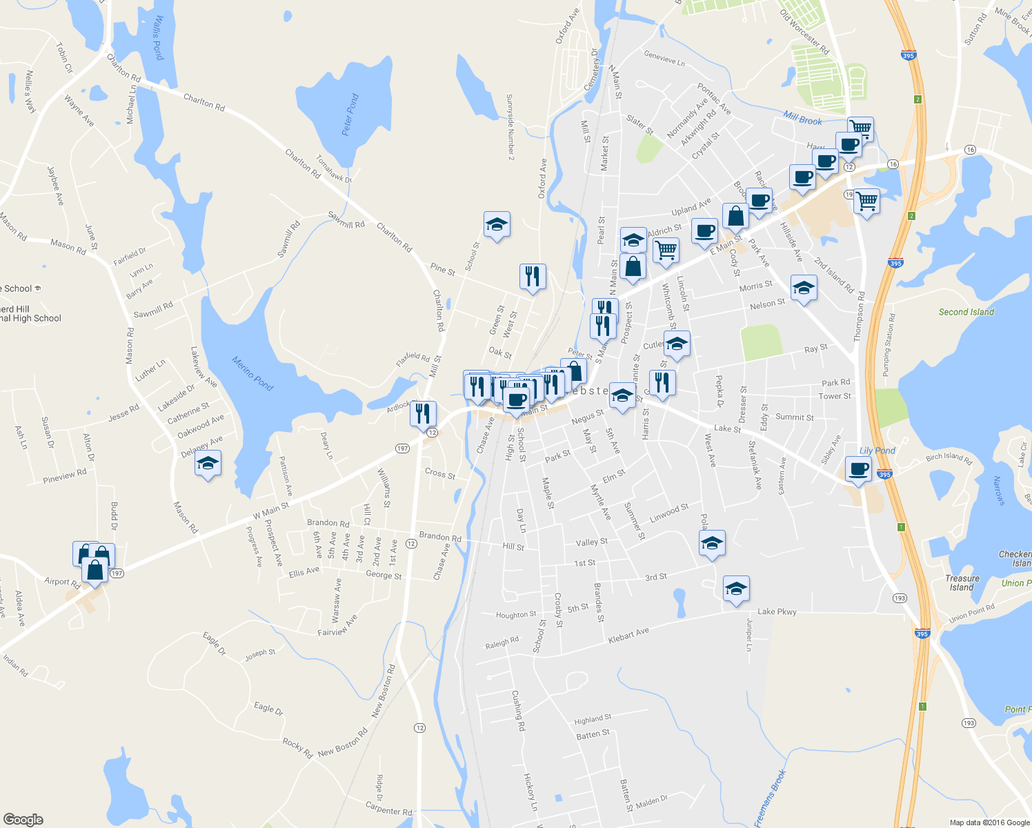 map of restaurants, bars, coffee shops, grocery stores, and more near 143 Main St in Webster