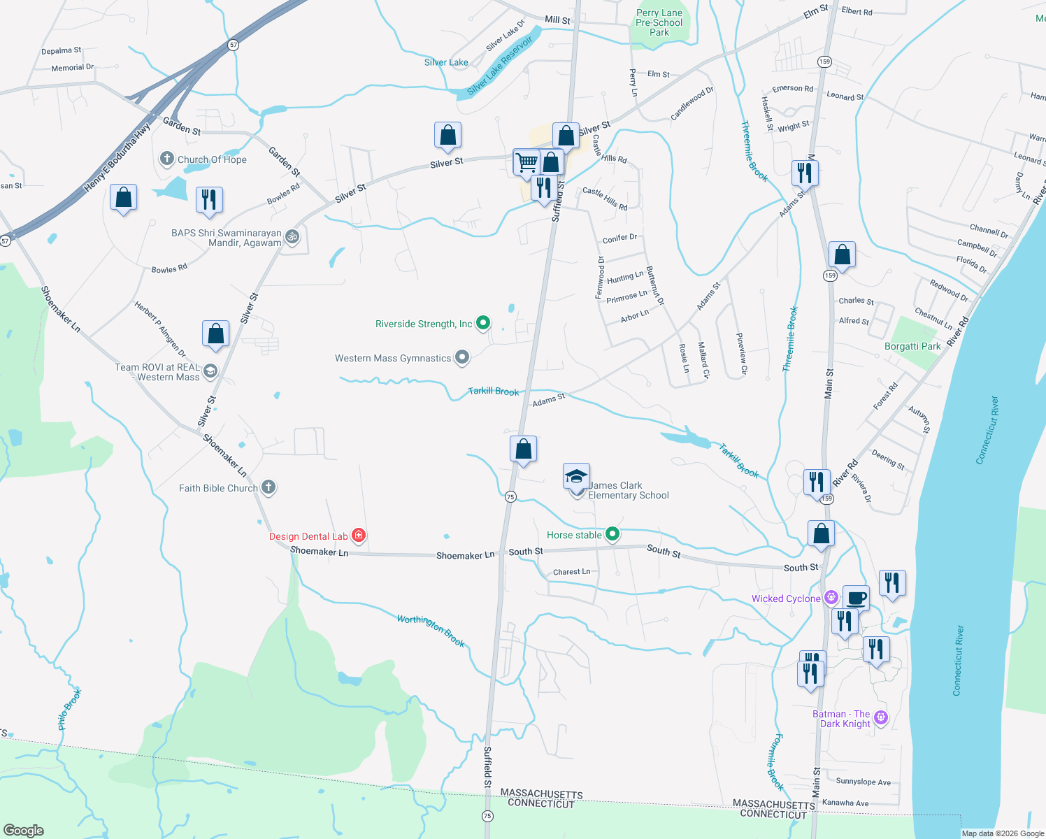 map of restaurants, bars, coffee shops, grocery stores, and more near 1192 Suffield Street in Agawam