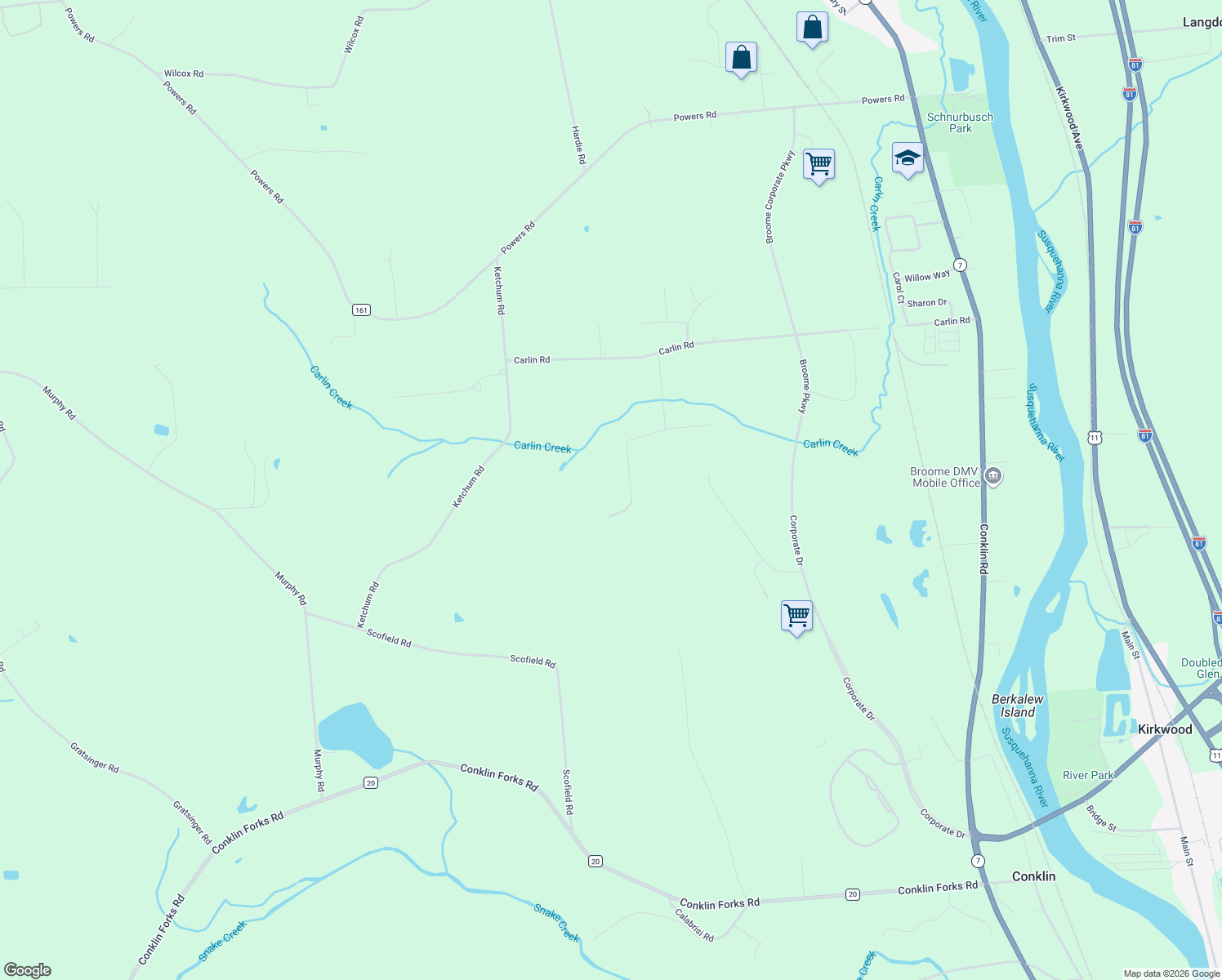 map of restaurants, bars, coffee shops, grocery stores, and more near 42 Amber Hill Road in Conklin