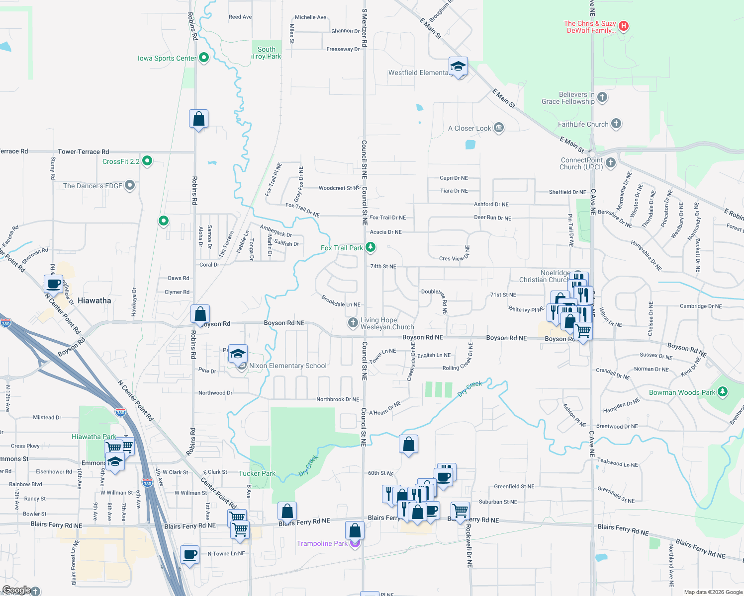 map of restaurants, bars, coffee shops, grocery stores, and more near 7102 Council Street Northeast in Cedar Rapids