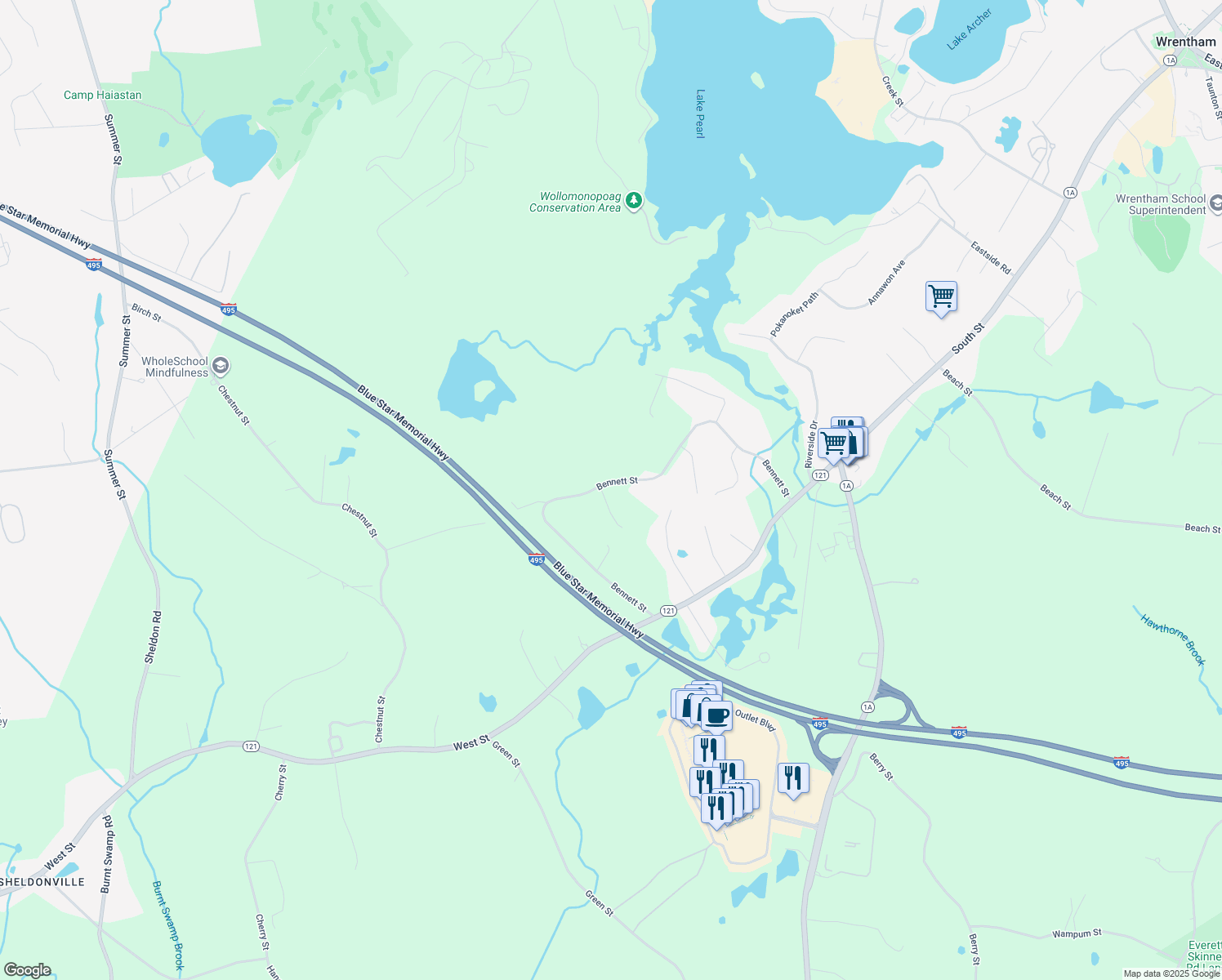 map of restaurants, bars, coffee shops, grocery stores, and more near 255 Bennett Street in Wrentham