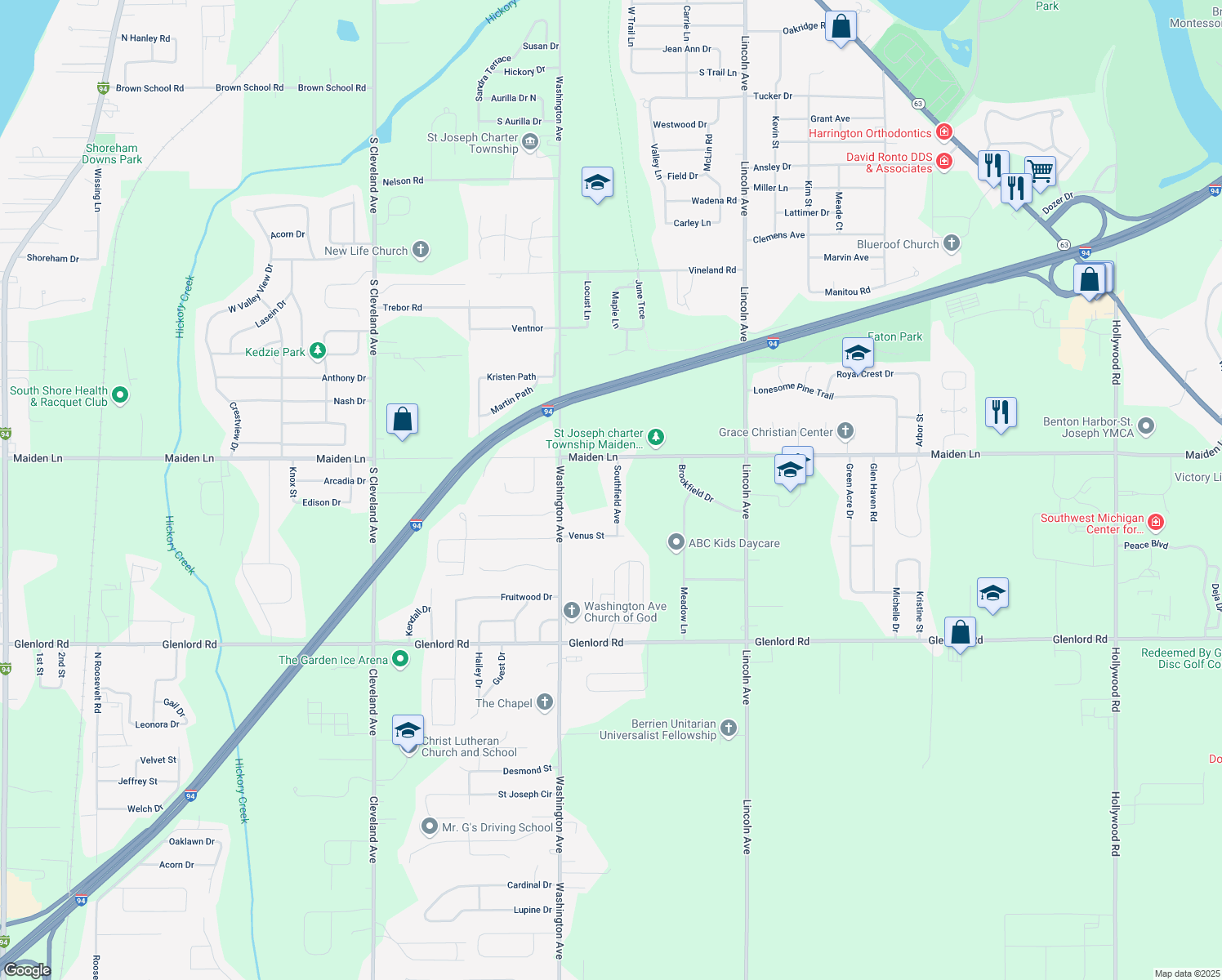 map of restaurants, bars, coffee shops, grocery stores, and more near 3776 Southfield Avenue in St. Joseph