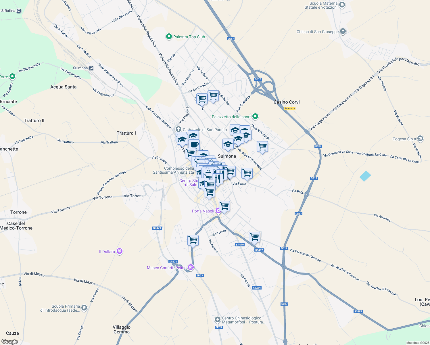 map of restaurants, bars, coffee shops, grocery stores, and more near 20 Largo Palizze in Sulmona