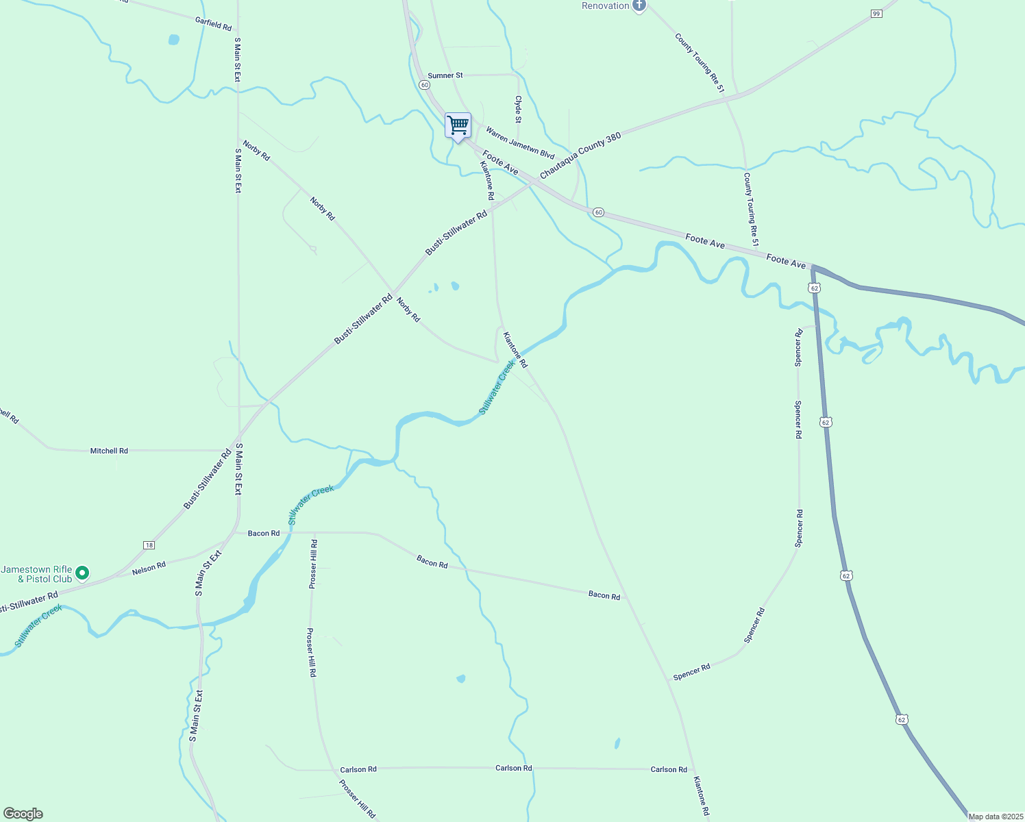 map of restaurants, bars, coffee shops, grocery stores, and more near 1181 Kiantone Drive in Jamestown