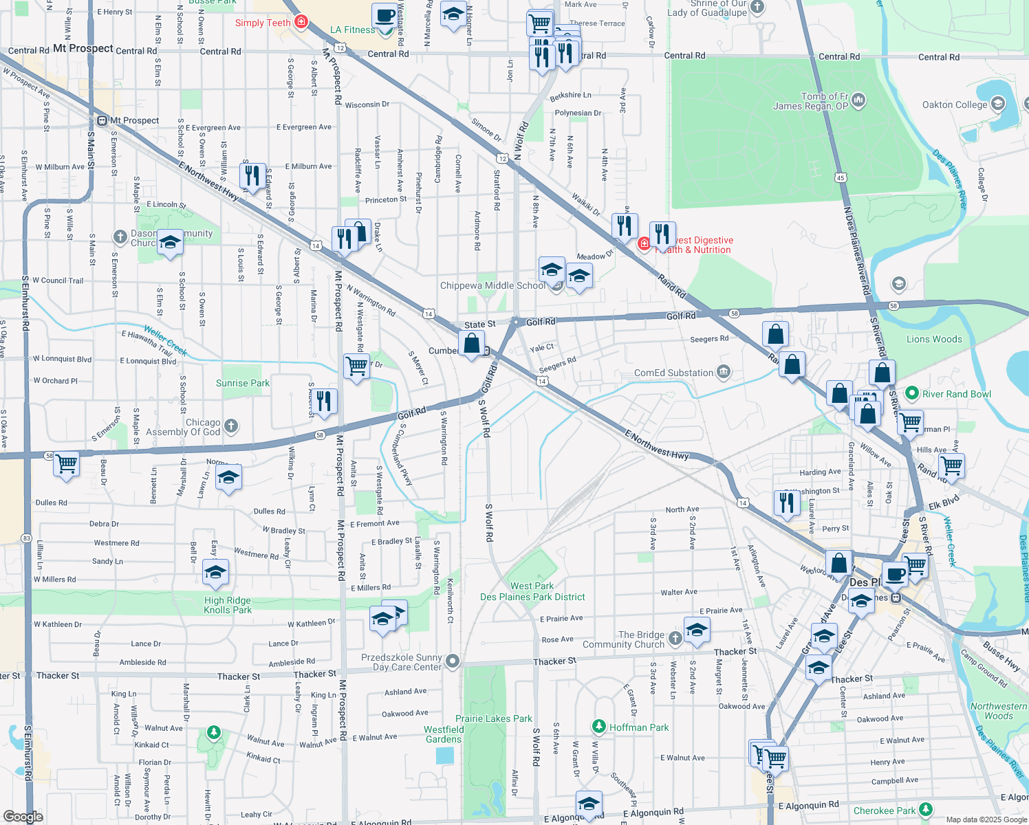 map of restaurants, bars, coffee shops, grocery stores, and more near 552 Columbia Avenue in Des Plaines