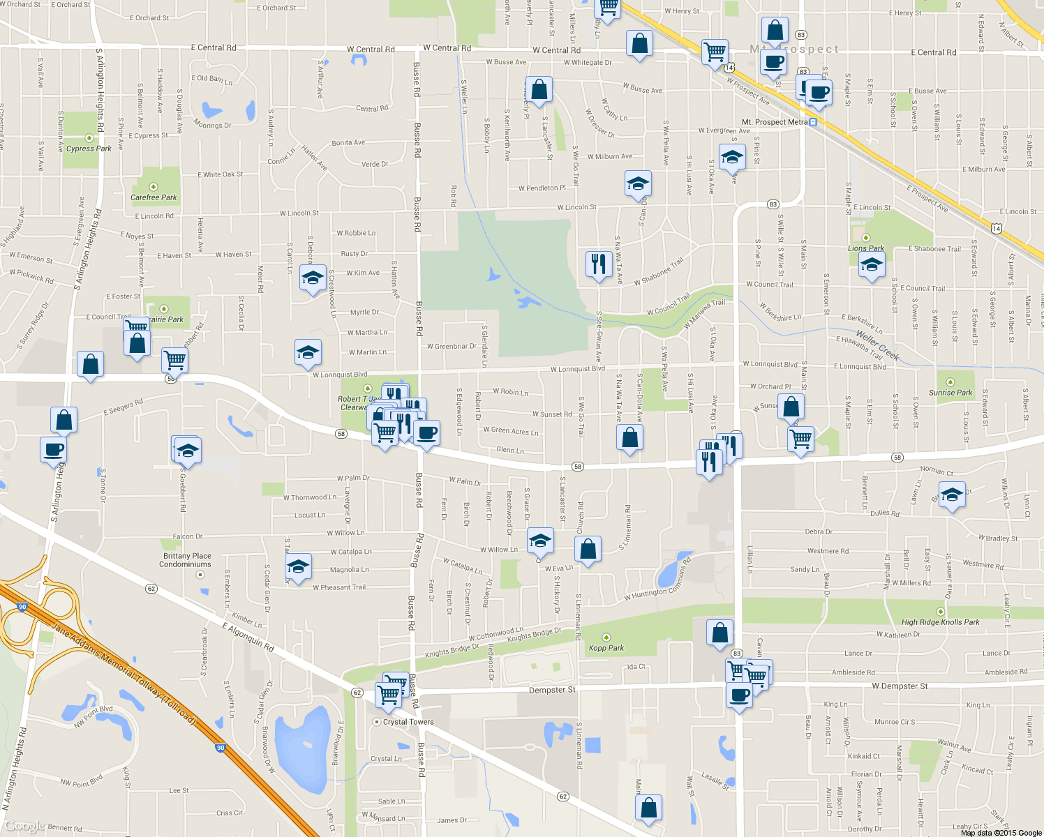 map of restaurants, bars, coffee shops, grocery stores, and more near 1207 West Sunset Road in Mount Prospect