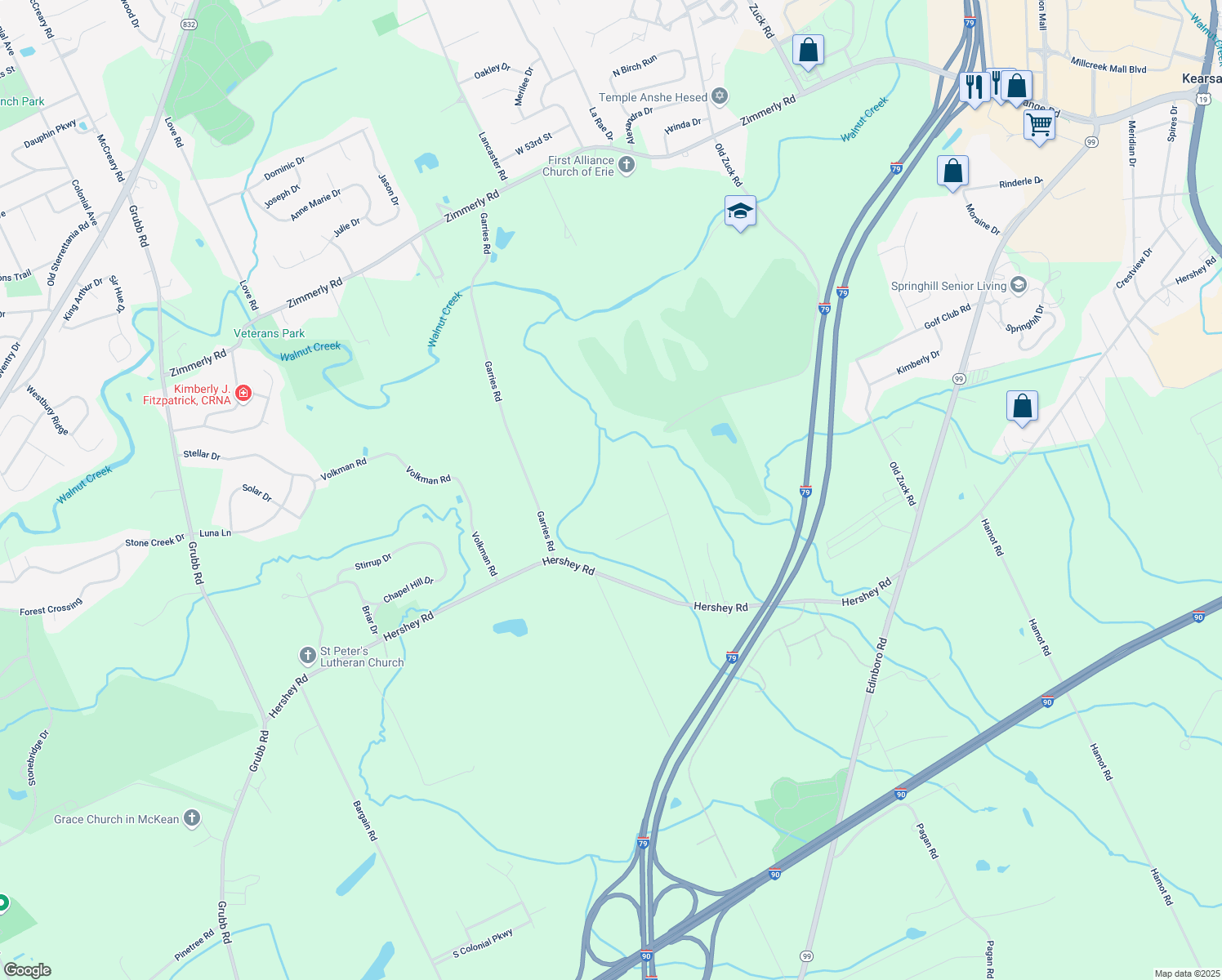 map of restaurants, bars, coffee shops, grocery stores, and more near 6270 Red Pine Ln in Erie