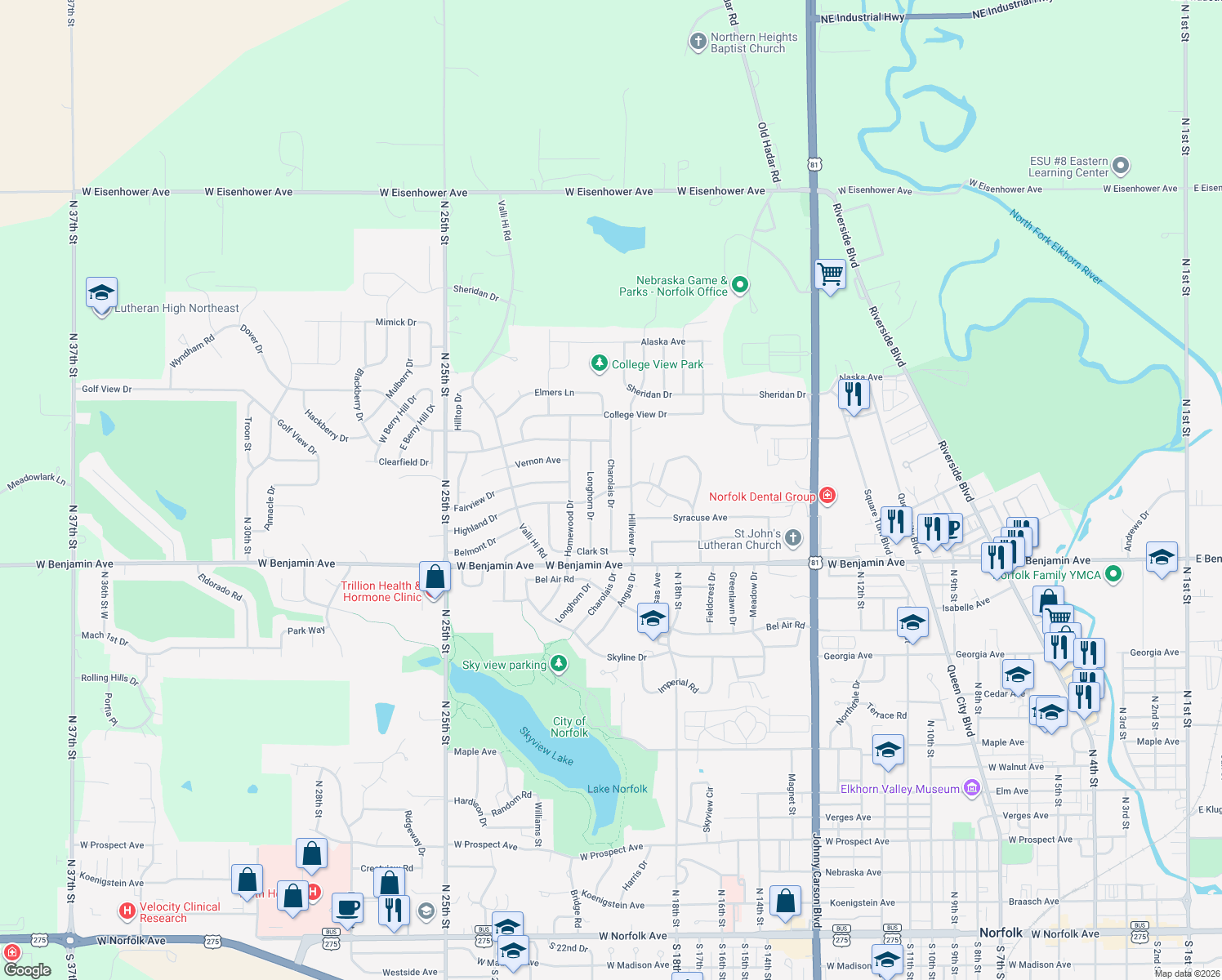 map of restaurants, bars, coffee shops, grocery stores, and more near 1418 Charolais Dr in Norfolk