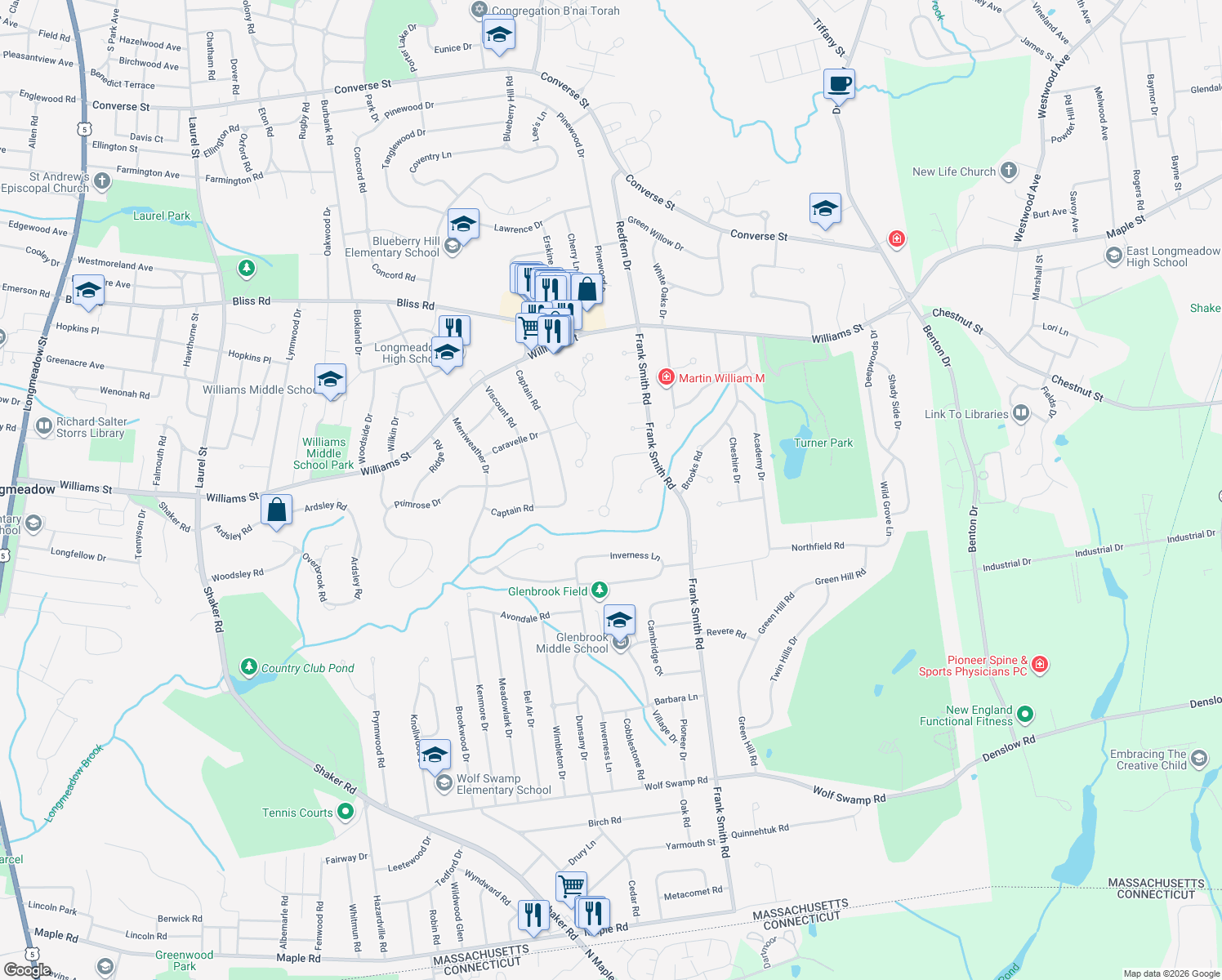 map of restaurants, bars, coffee shops, grocery stores, and more near 120 Ashford Road in Longmeadow