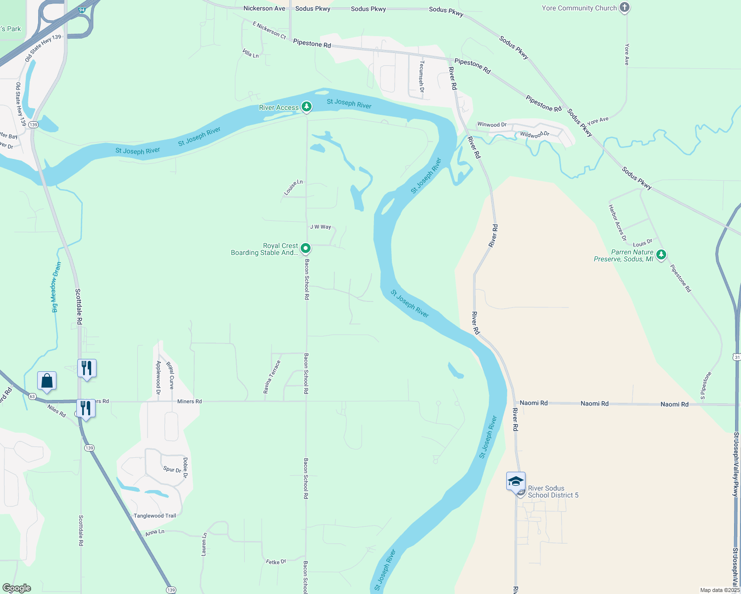 map of restaurants, bars, coffee shops, grocery stores, and more near 1876 Boardwalk in St. Joseph