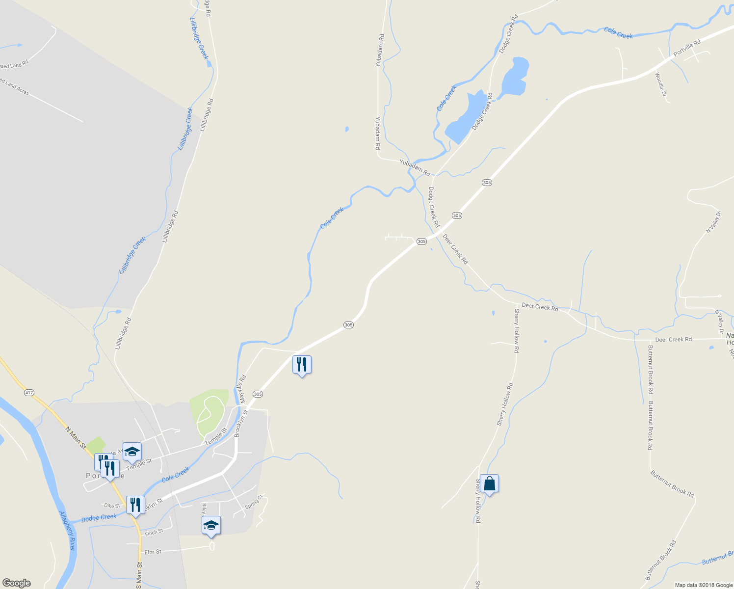 map of restaurants, bars, coffee shops, grocery stores, and more near Portville-Obi Road in Portville