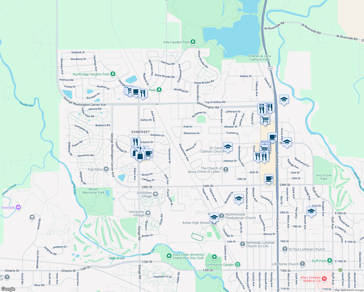 map of restaurants, bars, coffee shops, grocery stores, and more near 2930 Eisenhower Ave in Ames