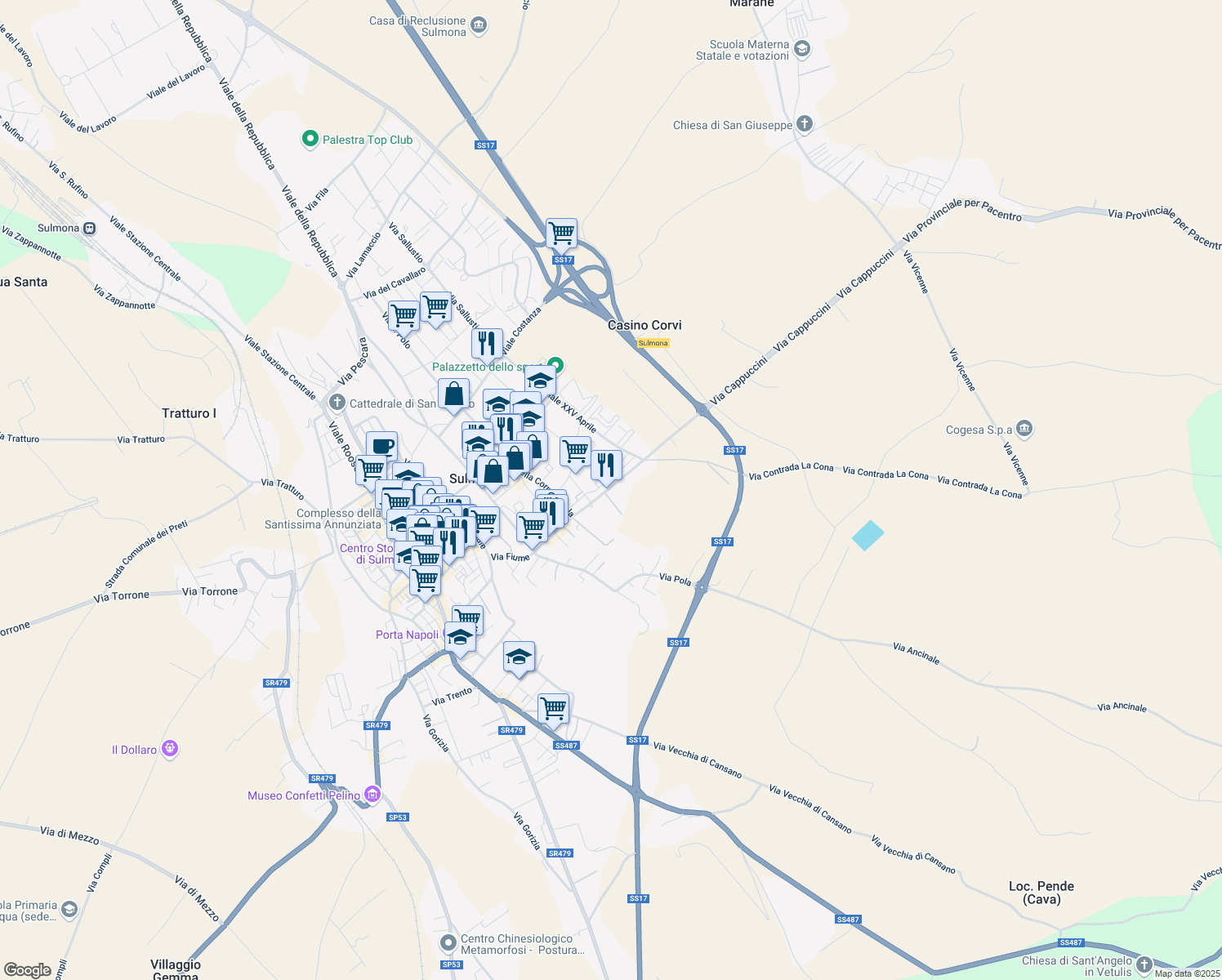 map of restaurants, bars, coffee shops, grocery stores, and more near 106A Via Cappuccini in Sulmona