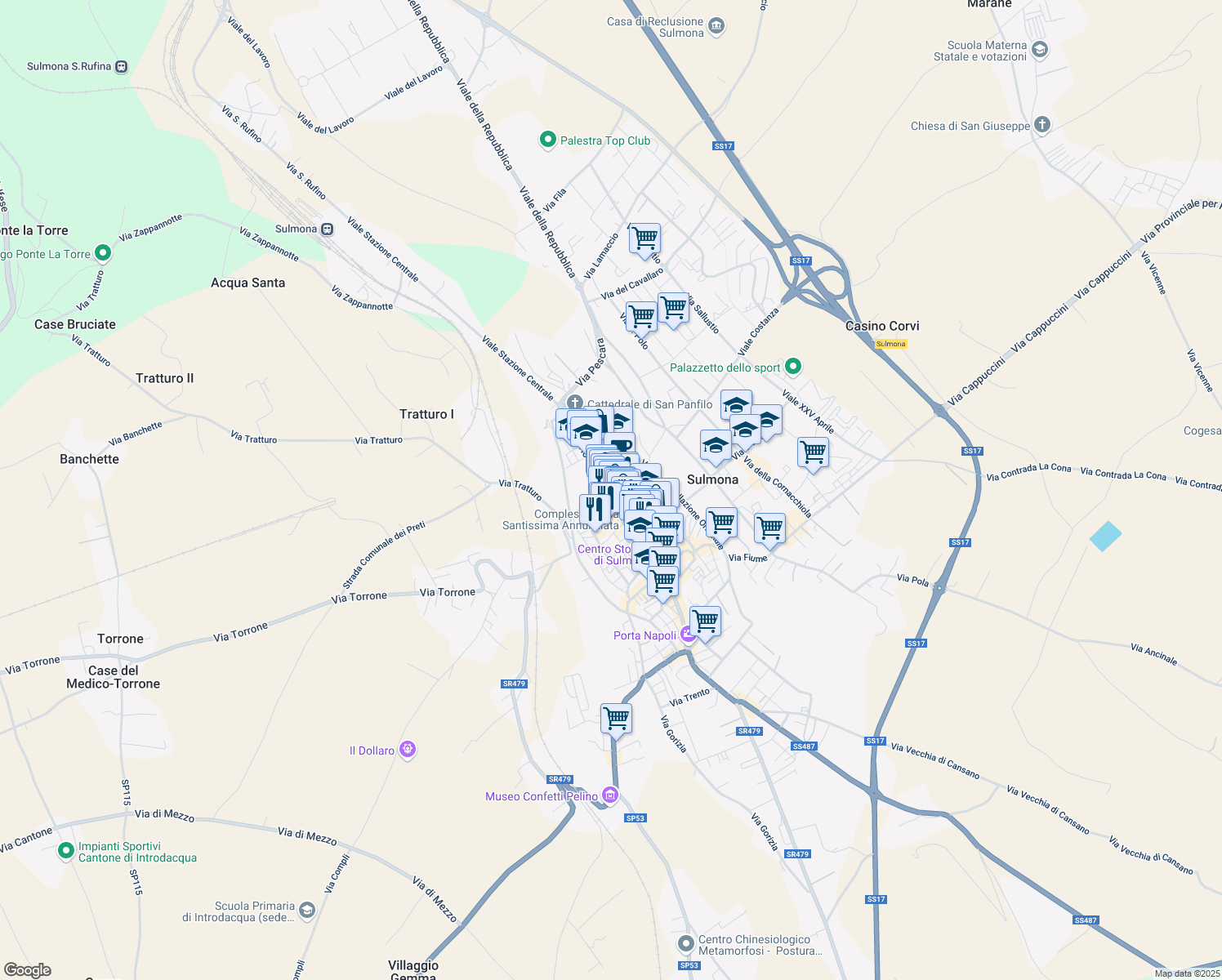 map of restaurants, bars, coffee shops, grocery stores, and more near 14 Vicolo Quercia in Sulmona