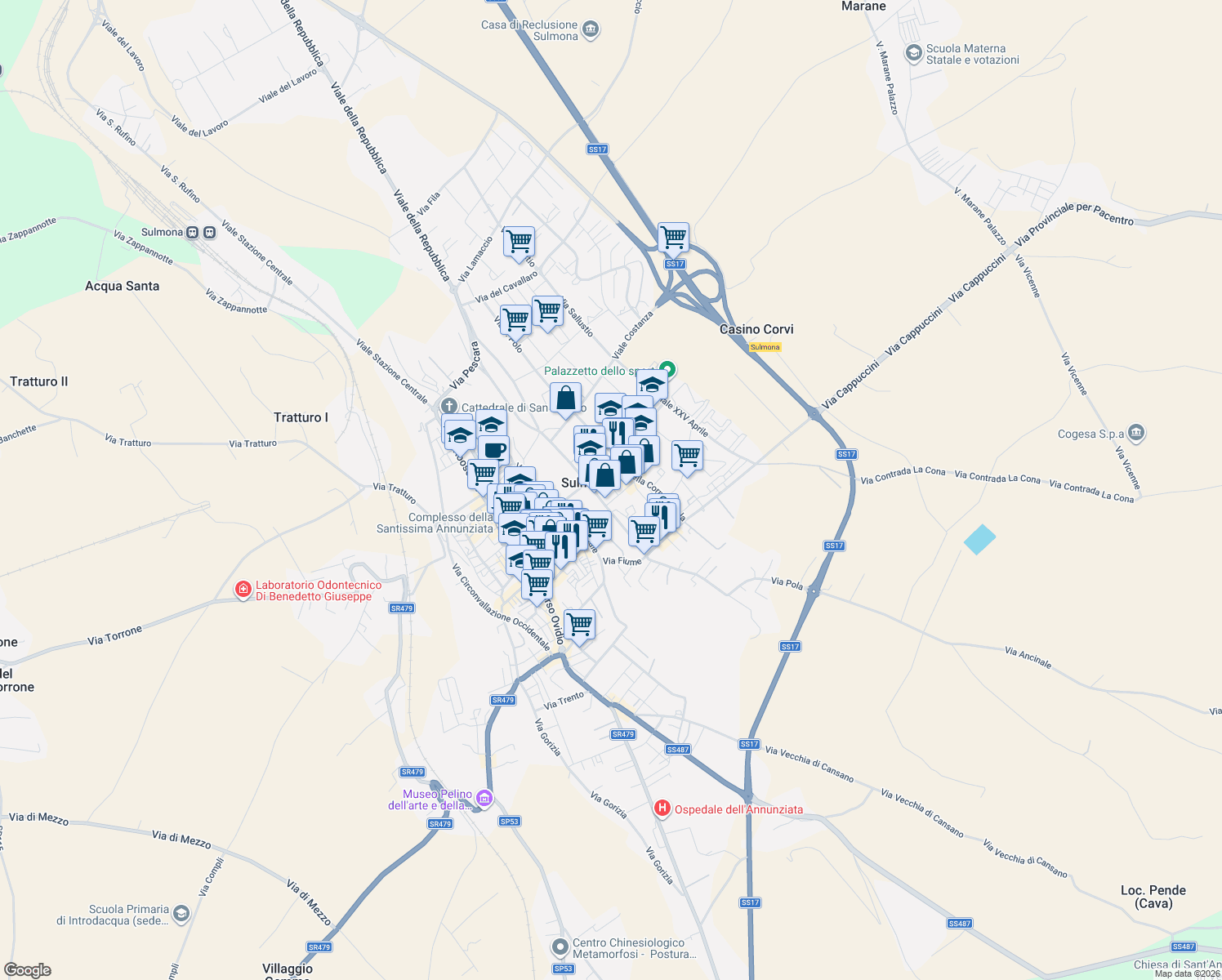 map of restaurants, bars, coffee shops, grocery stores, and more near 13 Via Silvio Spaventa in Sulmona