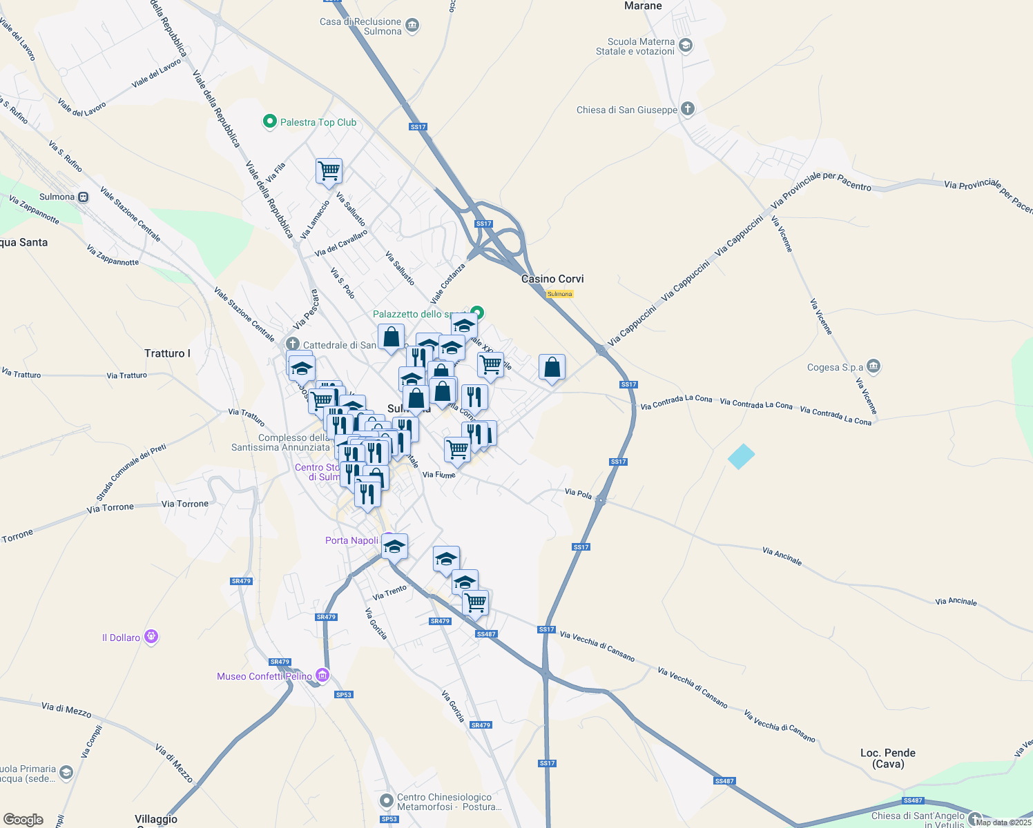 map of restaurants, bars, coffee shops, grocery stores, and more near 106A Via Cappuccini in Sulmona
