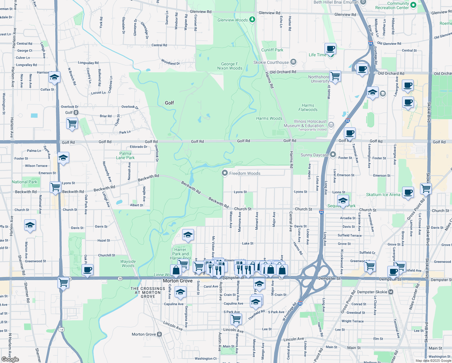 map of restaurants, bars, coffee shops, grocery stores, and more near 9341 Austin Avenue in Morton Grove
