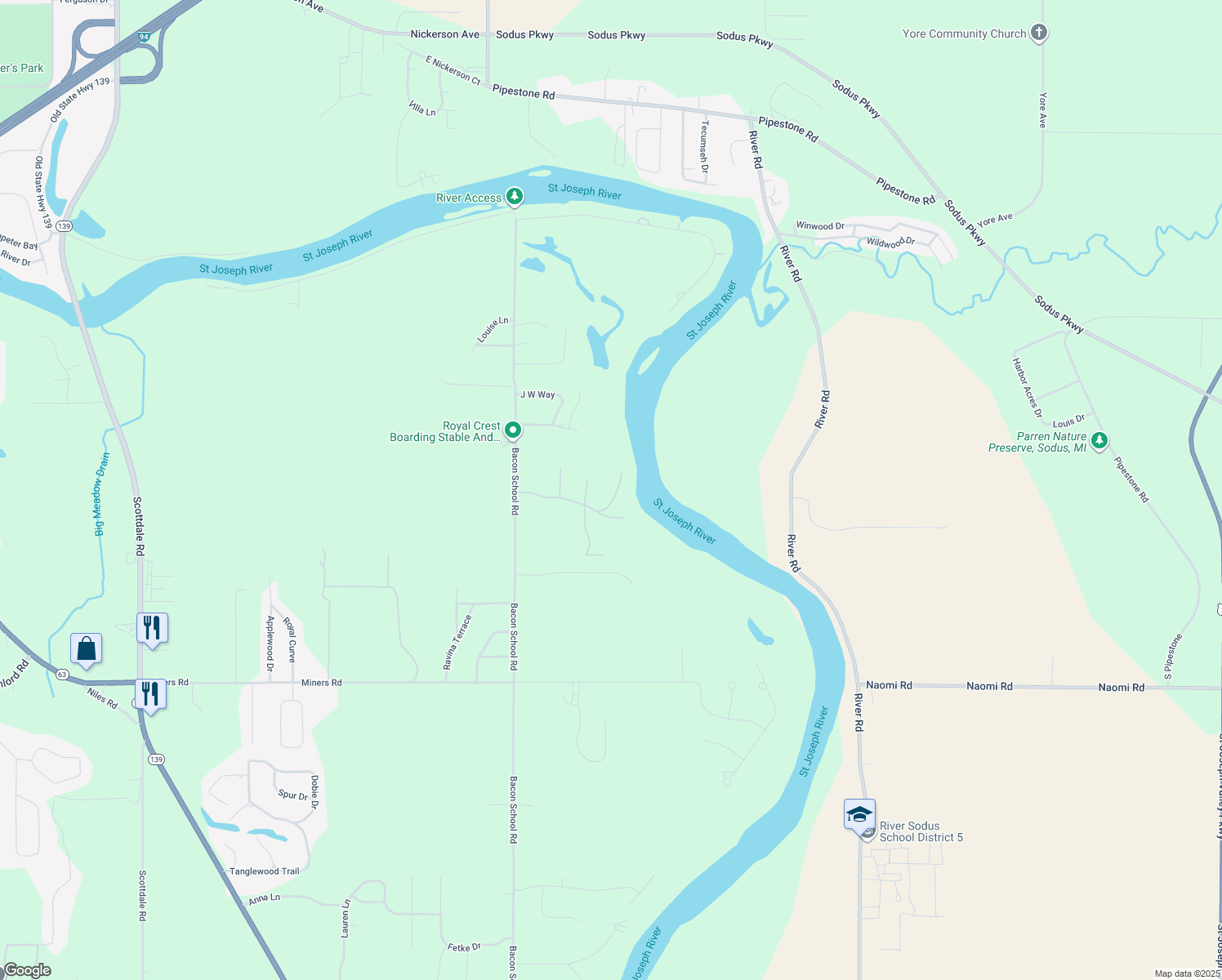 map of restaurants, bars, coffee shops, grocery stores, and more near 1876 Boardwalk in St. Joseph