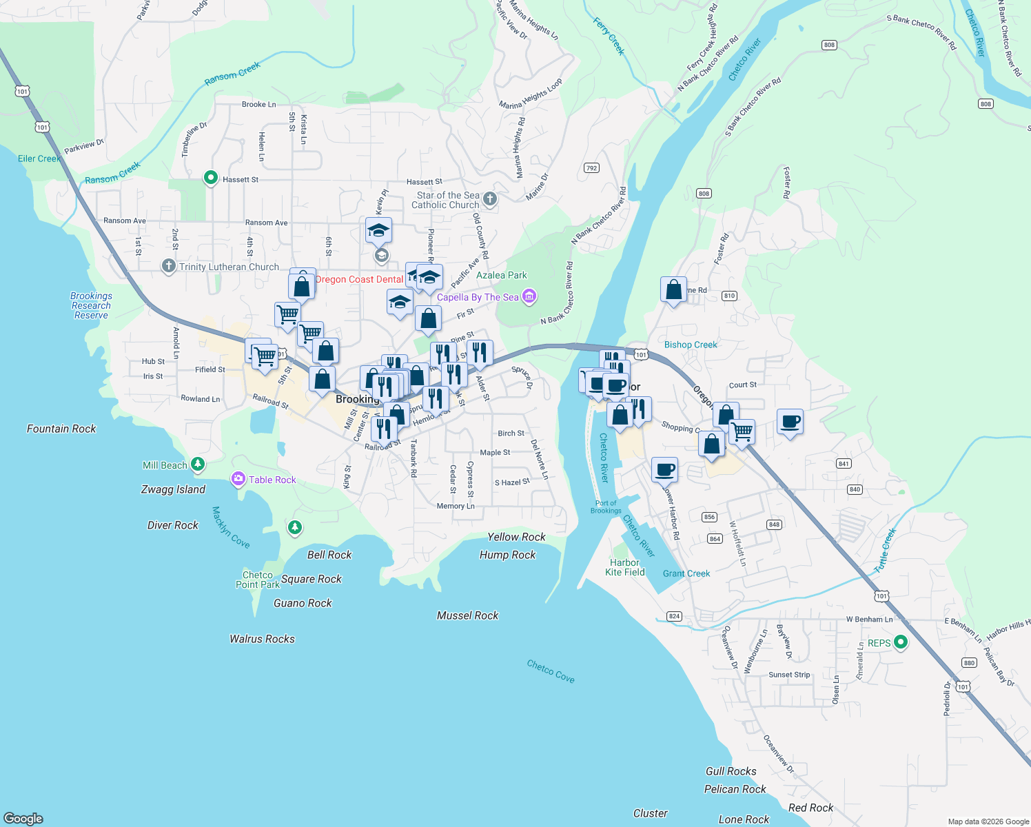 map of restaurants, bars, coffee shops, grocery stores, and more near 325 Railroad Street in Brookings